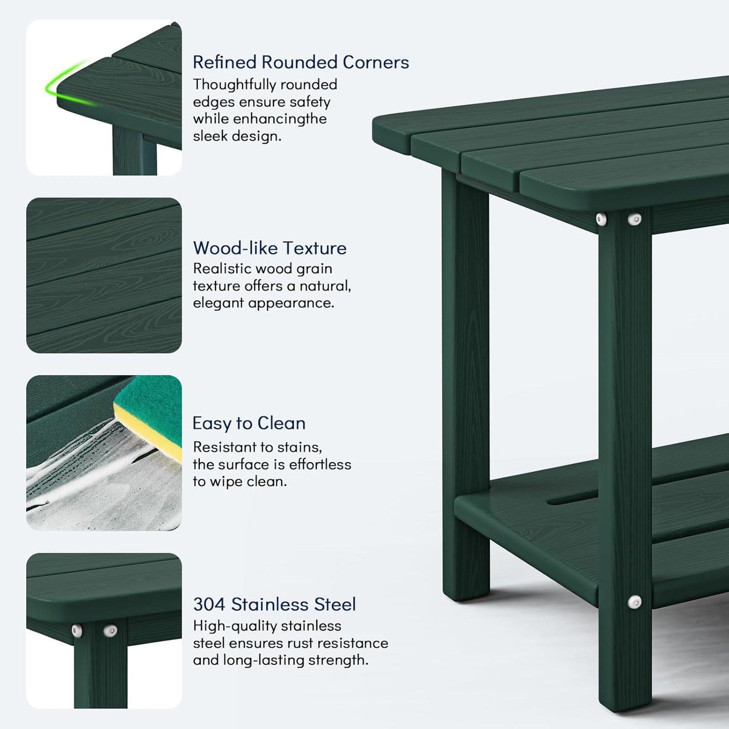 Adirondack Square Side Table - 18.4" Large Panel HDPE Outdoor End Table - Weatherproof, Rustproof & Low Maintenance for Patio, Lawn, Pool, Indoor Use (Green)