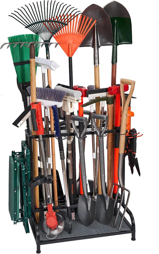 Garden Tool Organizer, Yard Tools Rack Holds 55 Long-Handled Tools/Rakes/Brooms for Garage Organization and Storage, Shed, Outdoor, Lawn, Heavy-Duty Steel, Black, Easy Assembly
