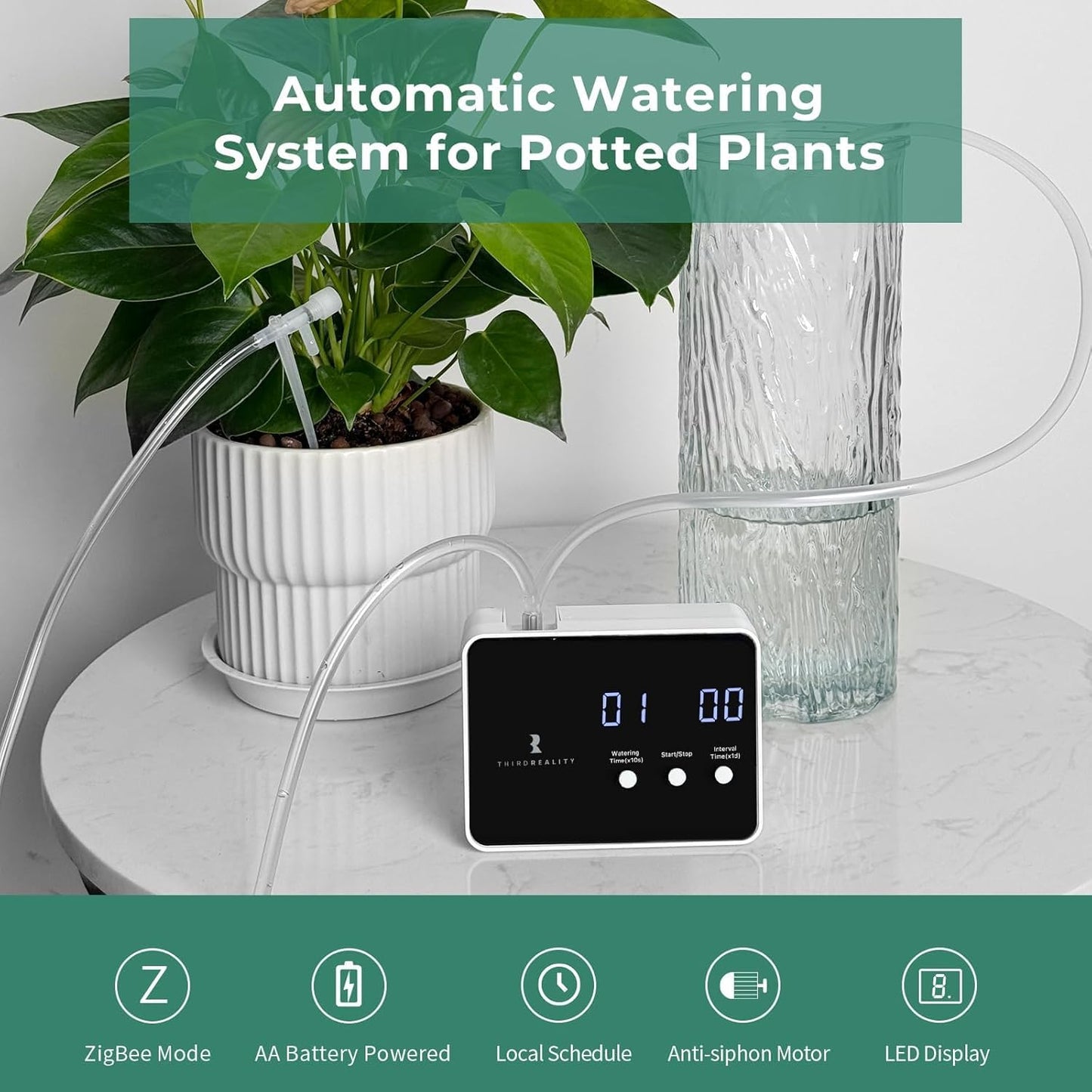 THIRDREALITY Zigbee Smart Watering Kit for Potted Plants, Indoor Plant Watering System, Hub Required, Compatible with Echo Devices with Zigbee Hub Built-in, Home Assistant, SmartThings, Hubitat, Homey
