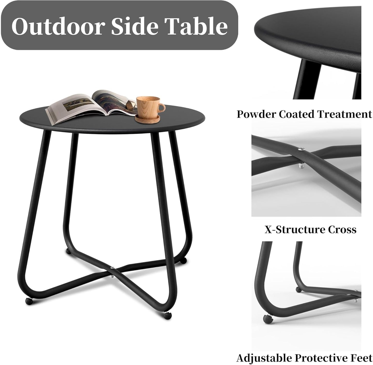 Black Patio Side Table, 18" Weatherproof Steel Outdoor Indoor Side Table for Garden, Balcony, Pool & Tailgate, Rust-Resistant Lightweight Portable Patio End Table