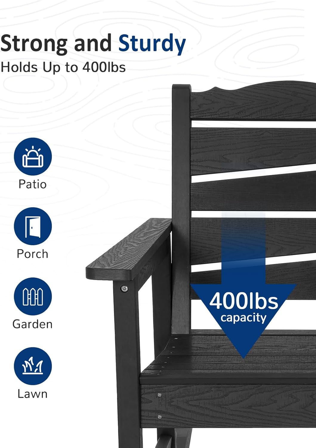 Patio Rocking Chair, Weatherproof HIPS Outdoor Rocking Chair for Adults, 400LBS Support Heavy Duty Porch Rocking Chairs for Garden, Lawn, Backyard, Outdoor and Indoor (Black)