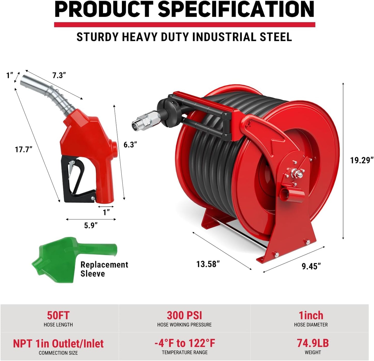 Fuel Hose Reel 1" x 50FT Extra Long Retractable Diesel Reel 300 PSI Auto Swivel Rewind Diesel Hose Reel with Fueling Nozzle Industrial Carbon Steel for Vehicle Tank Truck Trailer Ship, Red