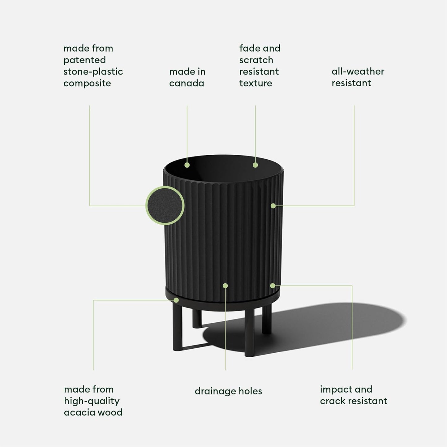 Veradek Demi Series Round Planter w/Stand for Porch/Patio | Durable Plastic-Stone Composite & Wooden Stand | Modern Décor for Tall Plants, Flowers