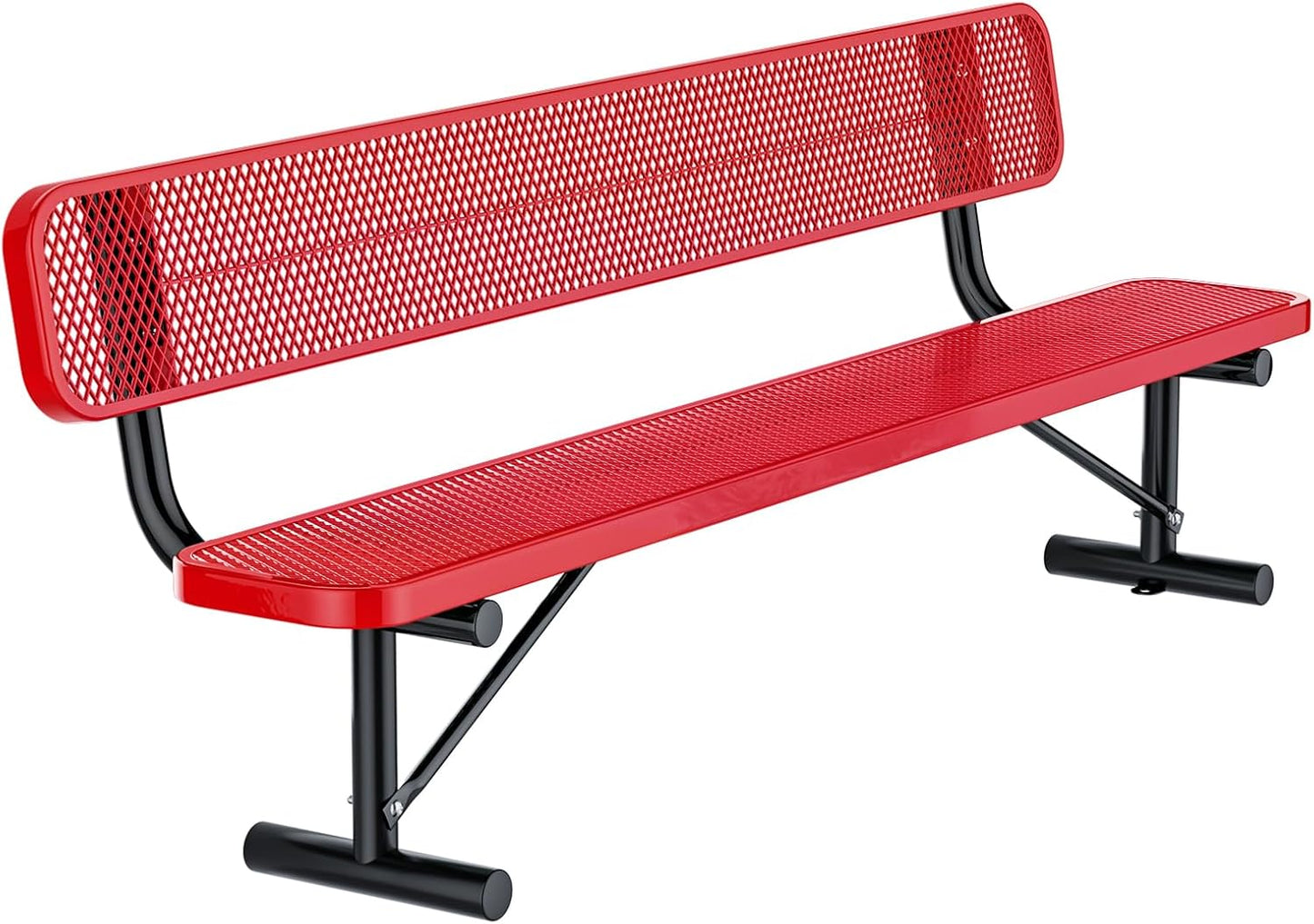 8Ft Heavy Duty Park Bench with Back Portable Frame, Outdoor Steel Bench with Backrest, Expanded Metal Mesh Bench for Lawn, Park, Deck, Garden, Patio, Porch, Red