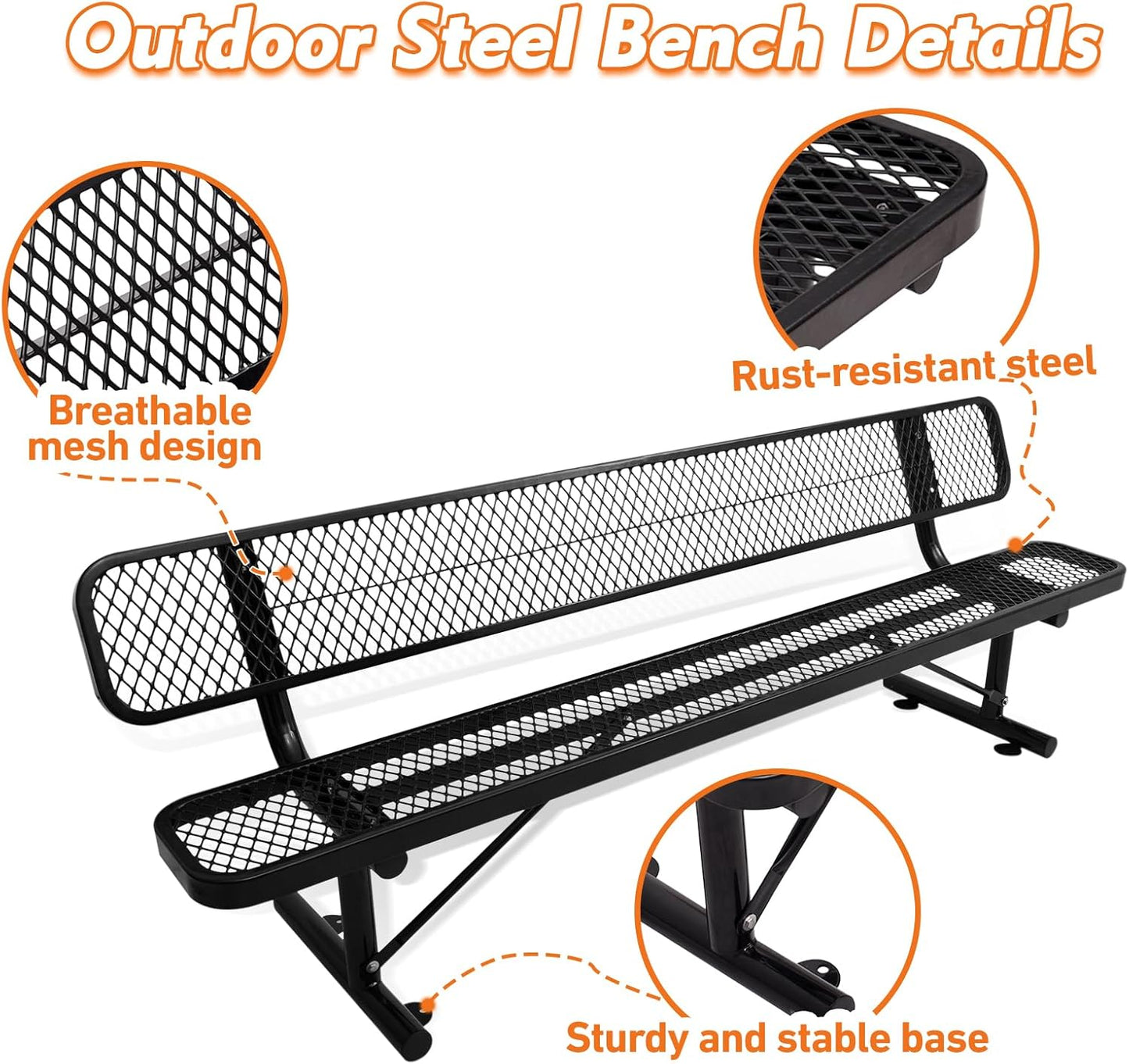 Thermoplastic Coated Iron Park Bench for Outside, Heavy Duty Metal Garden Bench, Expanded Commercial Grade Seating for Shopping Malls, Lawn Yard Porch Entryway (Black with Backrest, 96IN)