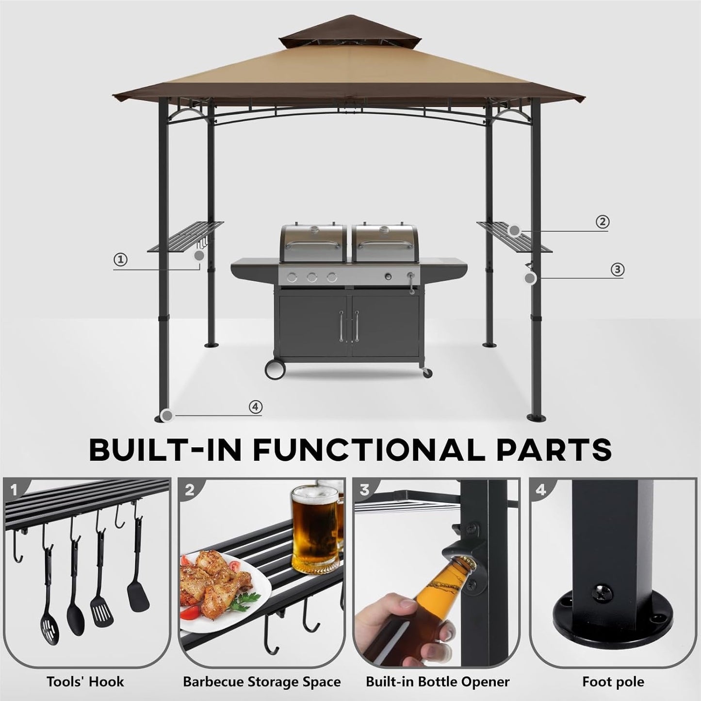 COOSHADE 8'x 5' Grill Gazebo Double Tiered Outdoor BBQ Gazebo Canopy with LED Light (Brown with Khaki)