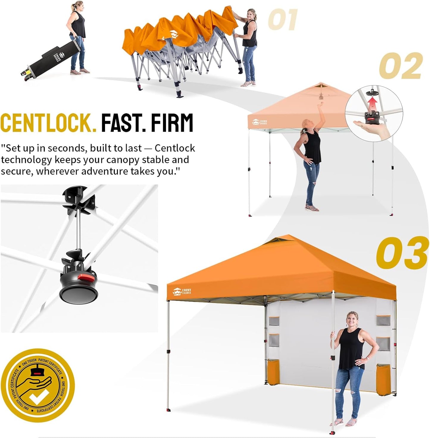 CROWN SHADES Canopy Tent, 10 x 10 Foot Portable Pop Up Outdoor Shelter with Pocket Sidewall, Push Center Lock, UV Protection, and Carry Bag, Orange