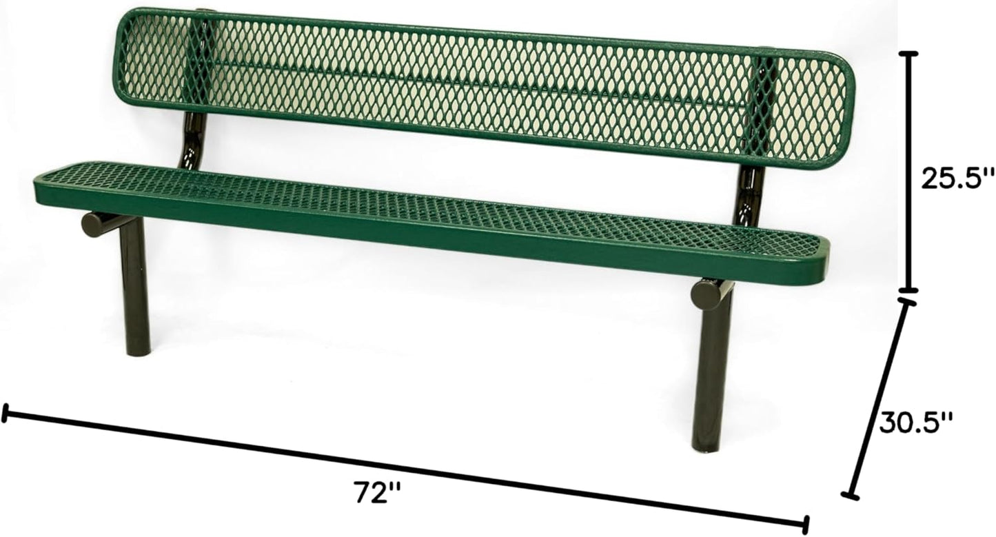 Coated Outdoor Furniture Heavy-Duty Outdoor Bench Thermoplastic Coated, Expanded Metal, Commercial-Grade Seating, Made in America (Inground with Back, 6 Ft, Textured Green)