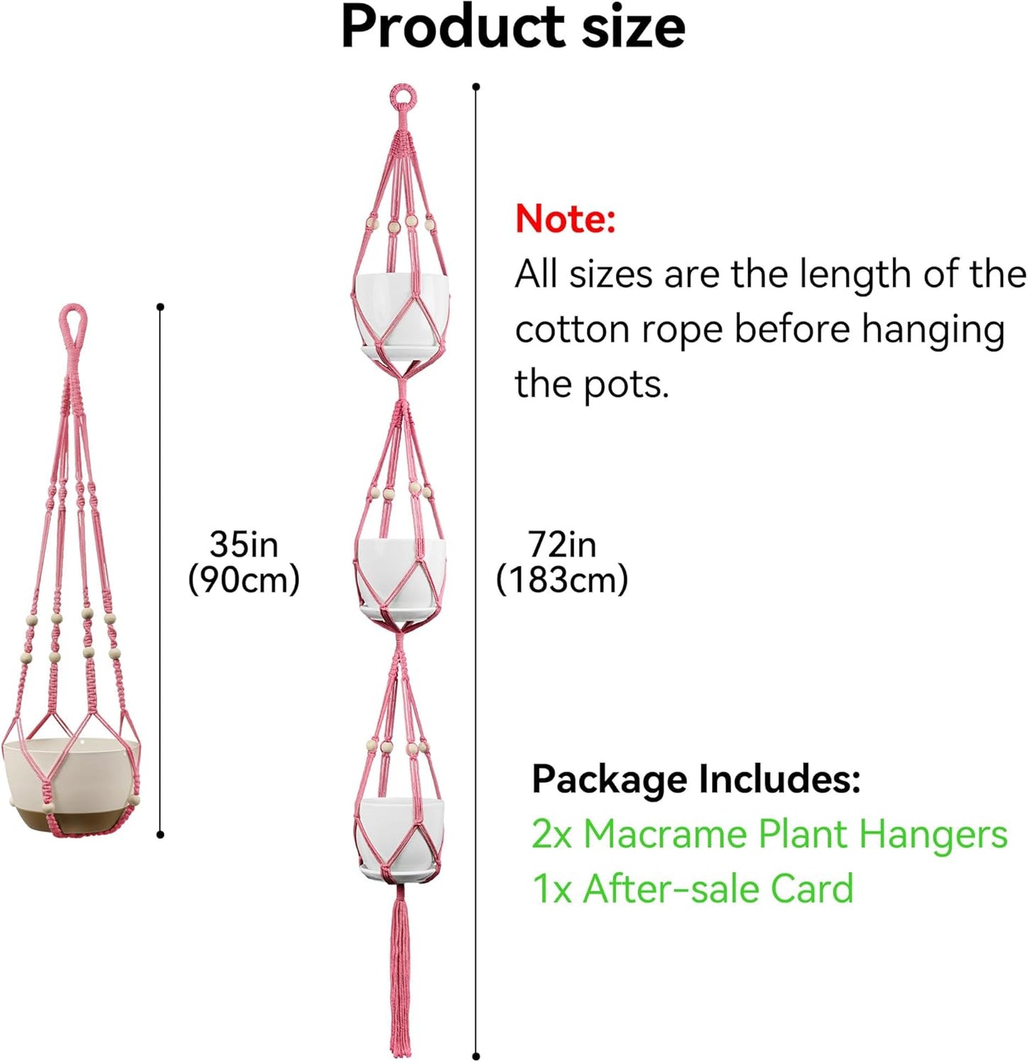 USLAI Macrame Plant Hanger Indoor Outdoor, Up to 4-15 inch Pot, Heavy 20lb Planters, Extra Long Strong Hanging Planter Basket Holder, Boho Home Decor, 35+72 Inch, Pink (POTS NOT Included)