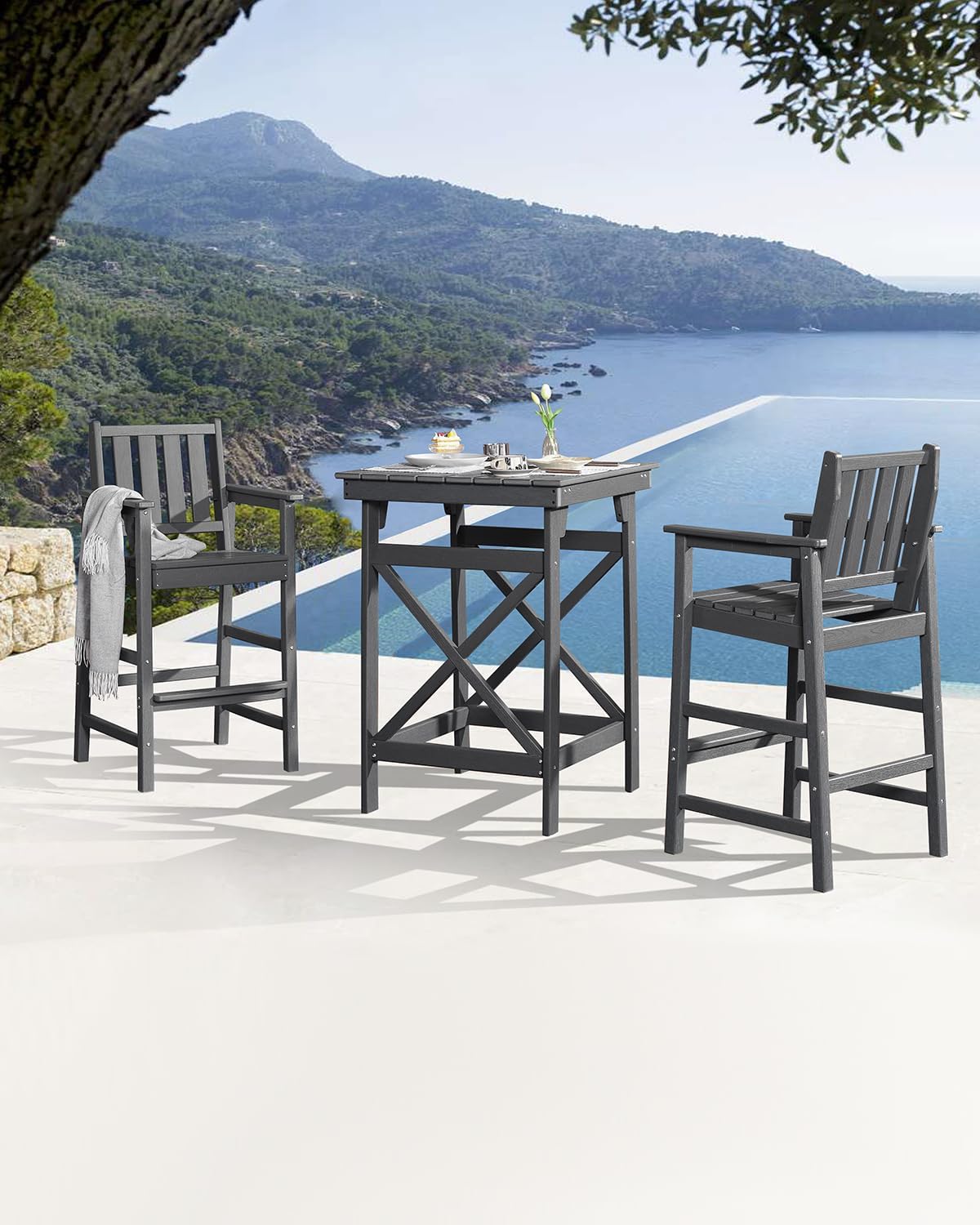 3-Piece Adirondack Chairs and Table Set, HDPE Patio Bar Sets, All Weather Outdoor Bar Stools Set, HDPE Adirondack Bar Height Chairs and Bar Table for Balcony, Pool, Porch, Smoke Gray