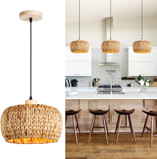 Boho Pendant Lights Kitchen Island, 11.8" Bohemian Rattan Hand-Woven Light Fixture Natural Seagrass Weaving Lighting Hanging Ceiling Chandelier for Restaurants Living Dining Room Farmhouse