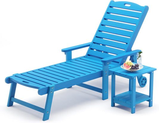 LUE BONA Chaise Lounge Chair with Table, 2-Piece, 79'' Oversized HDPS Chaise Lounger, 5 Positions Adjustable Lounge Chairs, Pool Lounge Chair with Wheels for Poolside, Backyard, 3 Year Warranty, Blue