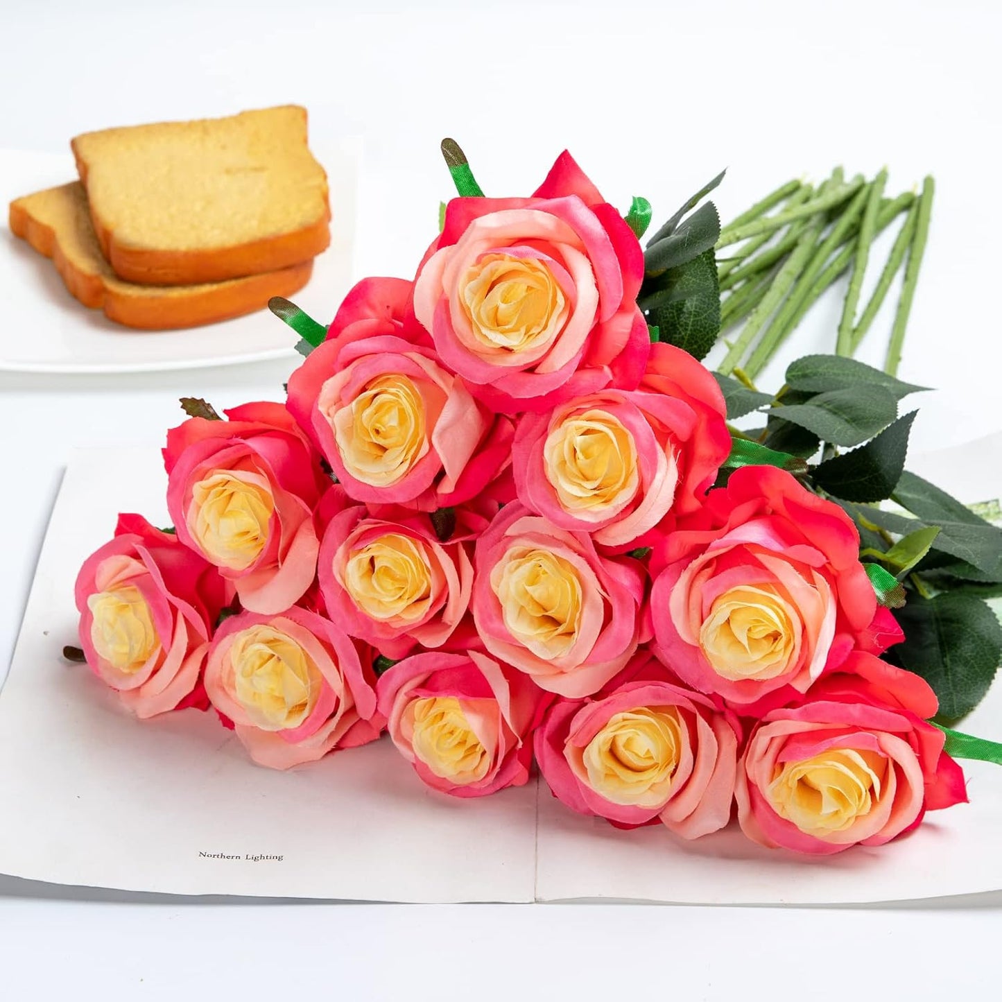 Hawesome 12PCS Artificial Silk Flowers Realistic Roses Bouquet Long Stem for Home Wedding Decoration Party (Gradient Dark Pink)