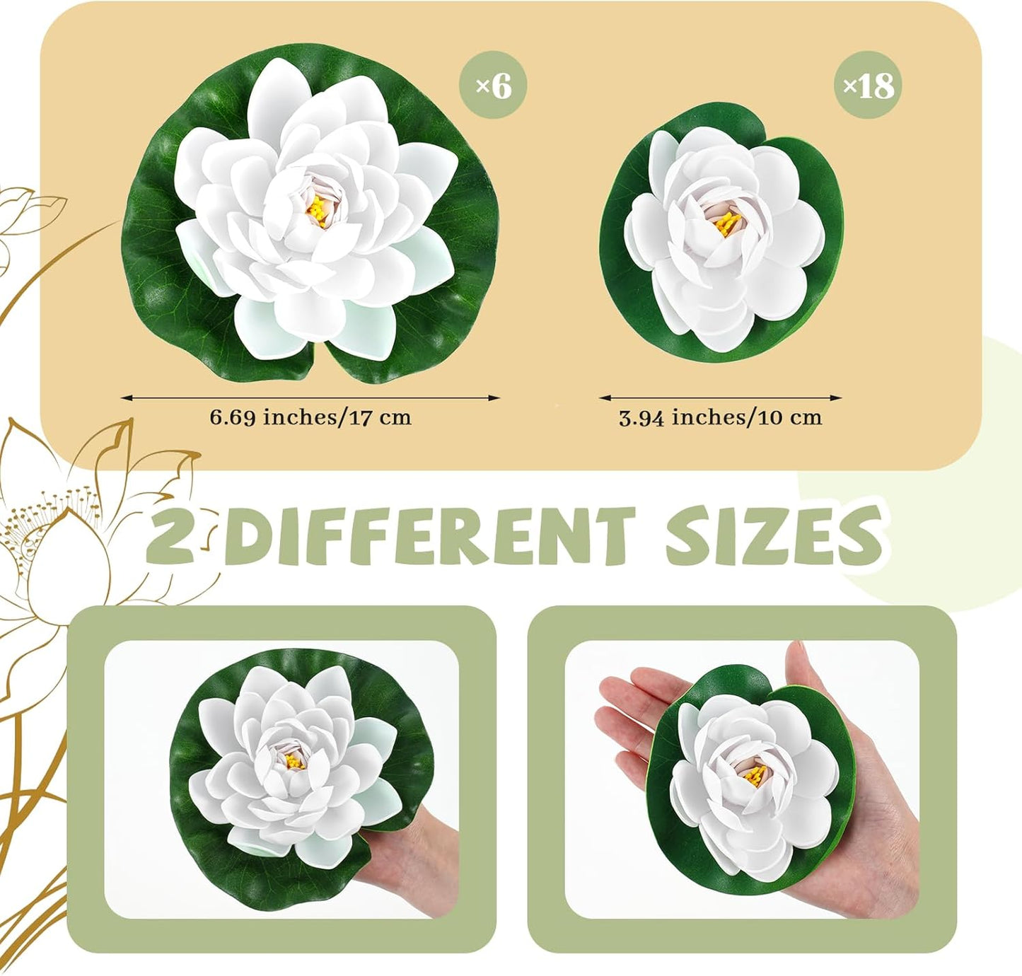 Yunlly 24 Pcs Floating Foam Lotus Flower with Water Lily Pads Artificial Floating Pool Flowers Lifelike Pond Accessories Floating Pool Decorations for Home, Garden Aquarium Party Wedding Decor, White