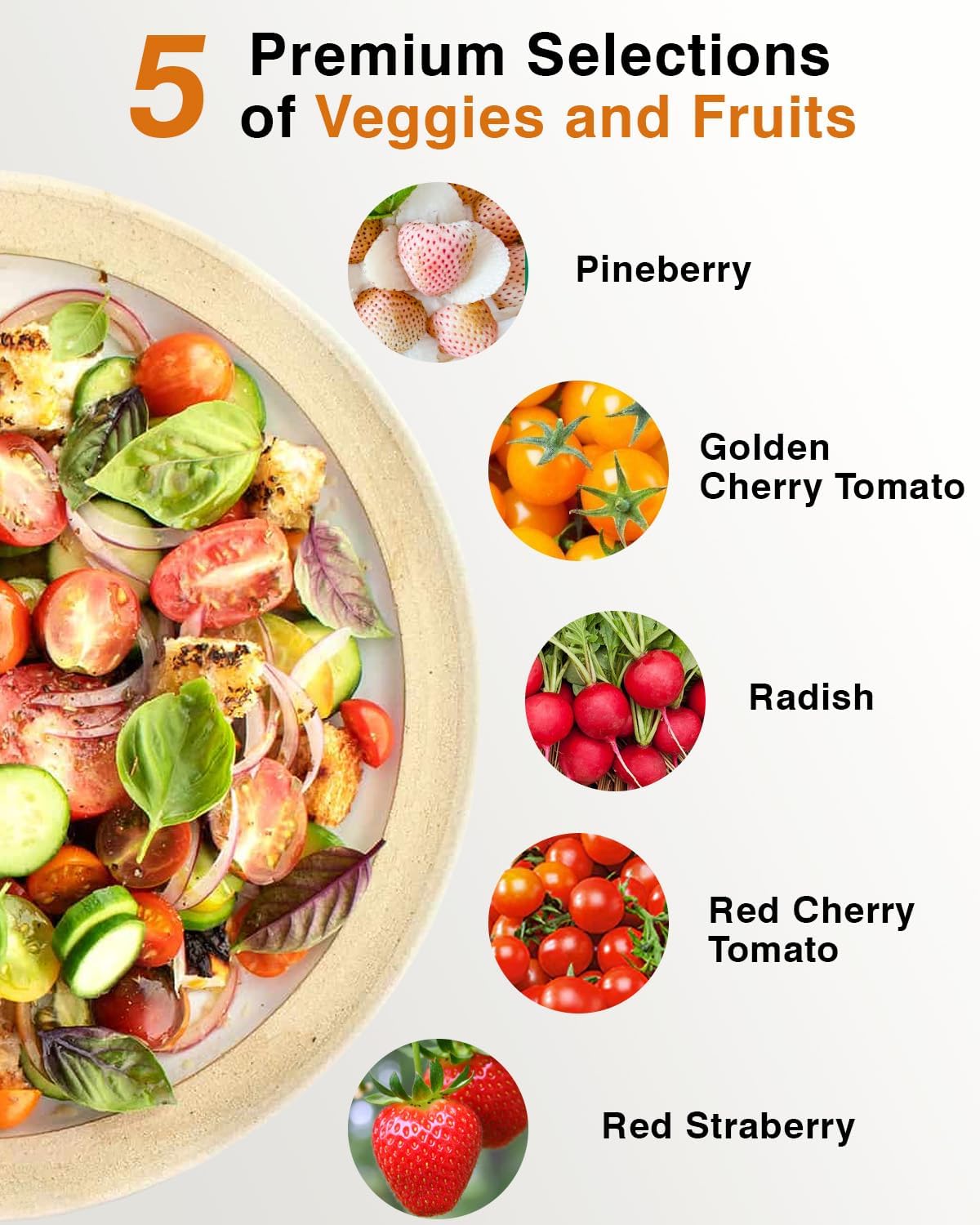 Red Strawberry and Pineberry Seed Pod Kit for AeroGarden, idoo, Ahopegarden, MUFGA with Strawberry, Pineberry, Radish, Red/Golden Harvest Cherry Tomato - Compatible with All Hydroponics (12-Pod)