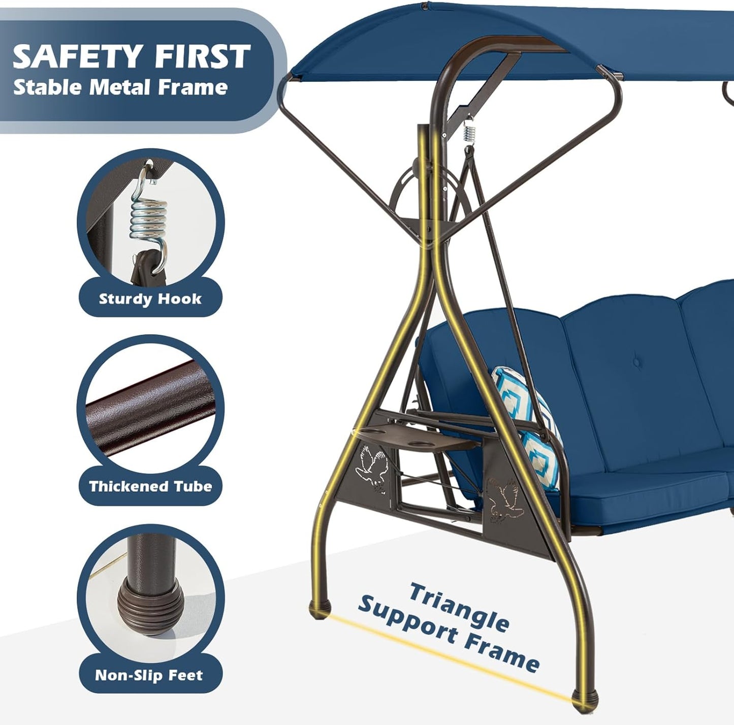 800LBS Patio Swing with Canopy 3 Seat Outdoor Porch Swing with Stand w/Cup Holder & Pillow Glider Chair Swing Bed for Patio Backyard Poolside (Blue)