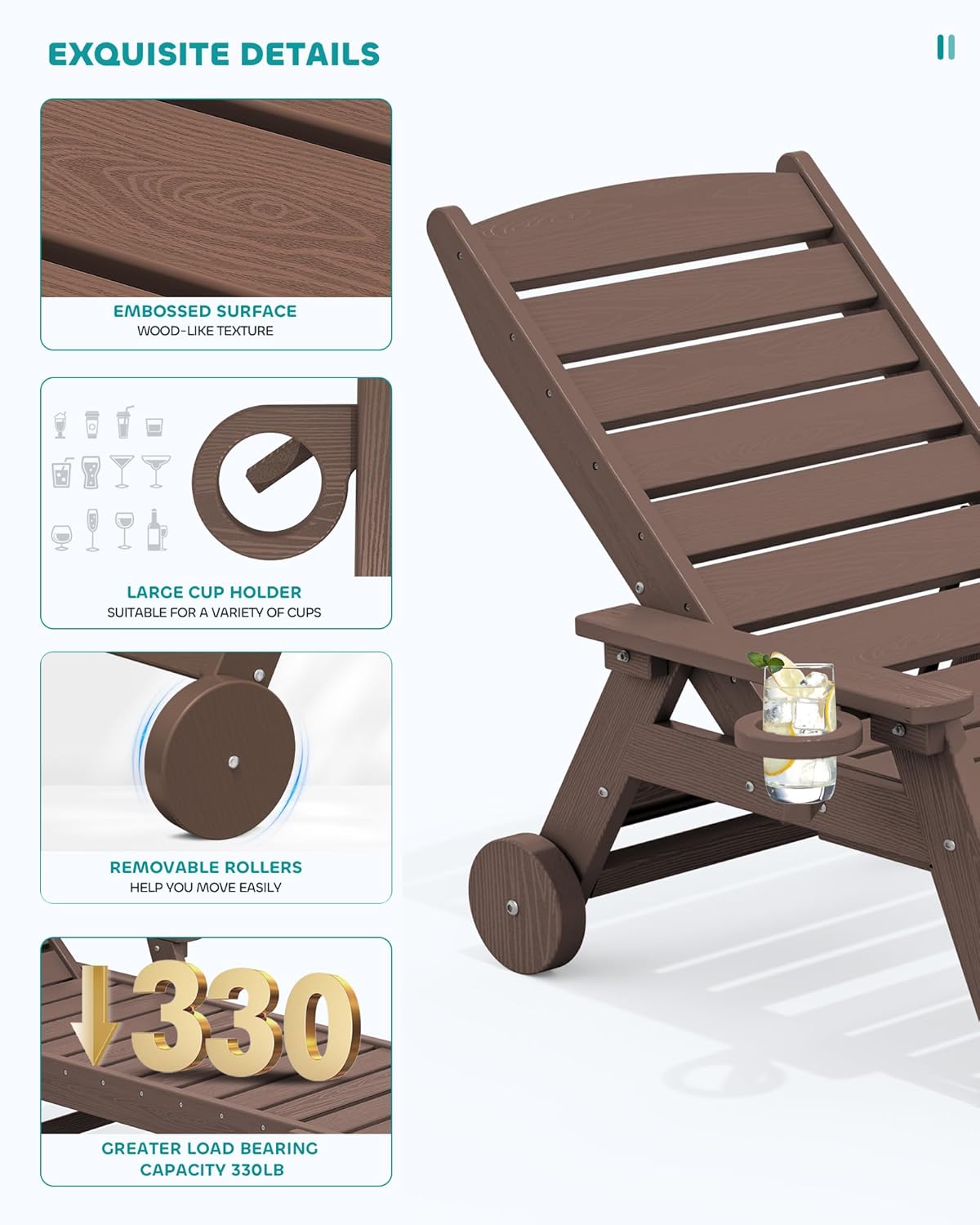 SERWALL Patio Chaise Lounge Chair Set of 2, 78'' Long 5-Positions Adjustable HDPE Outdoor Lounge Chair for Pool, Poly Lounge Chair with Rolling Wheels & Cup Holder for Poolside, Deck, Coffee Brown