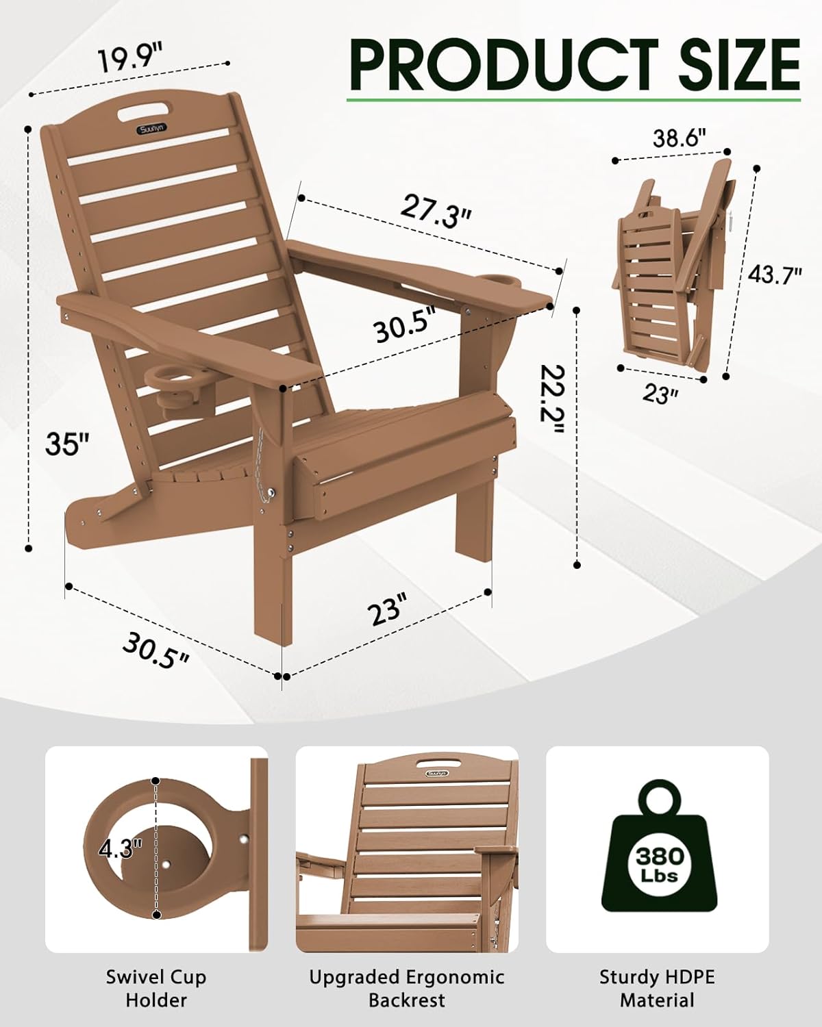 Folding Adirondack Chair HDPE All-Weather Adirondack Chairs with Cup Holder, Outdoor Fire Pit Chairs Lawn Chair for Deck Patio Garden (Teak)