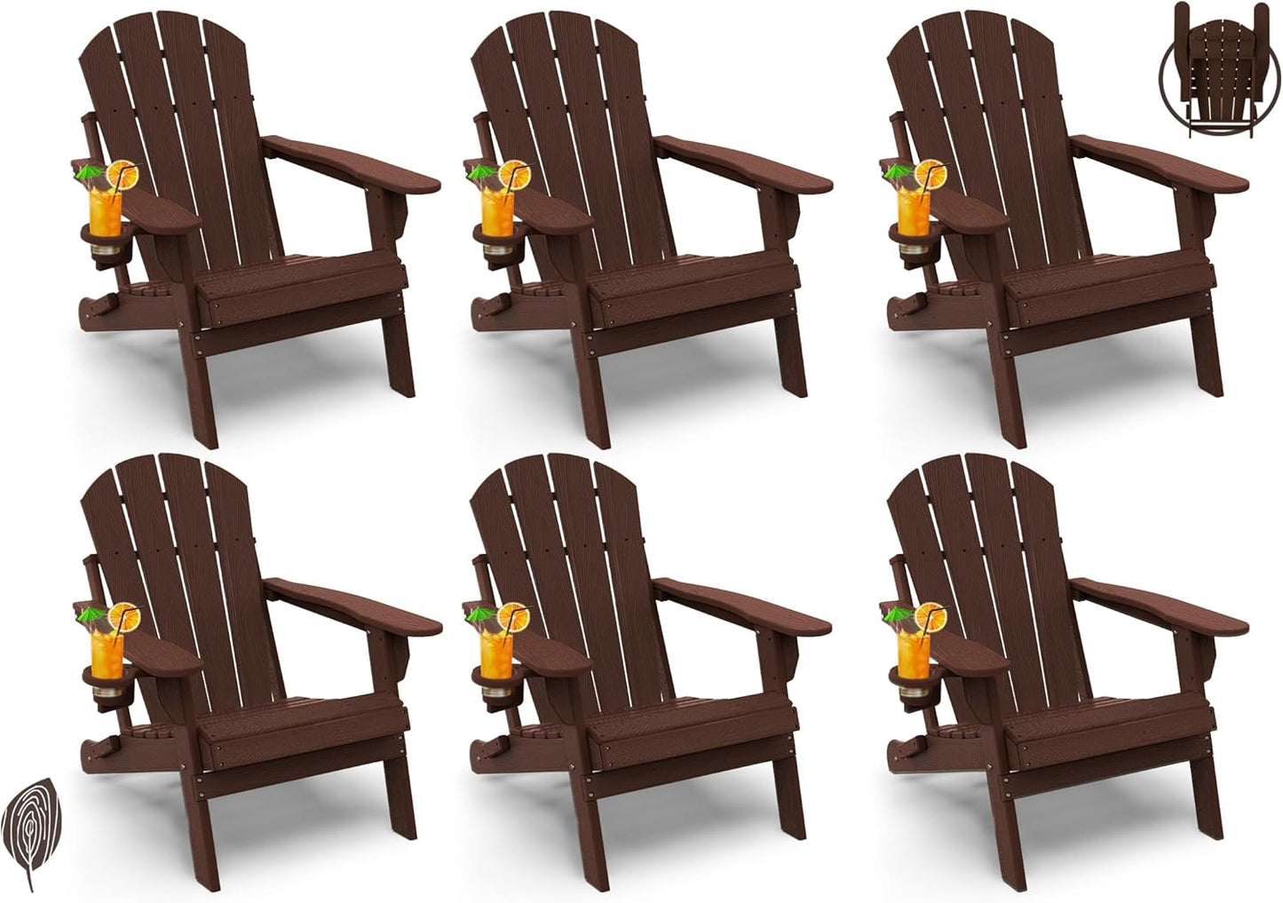 GREENVINES Folding-Adirondack-Chairs-Set-of-6 | Wood Grain | HDPE Plastic | Fire Pit Chair | All Weather | Cup Holder | Dark Brown | for Deck Backyard Patio Outdoor