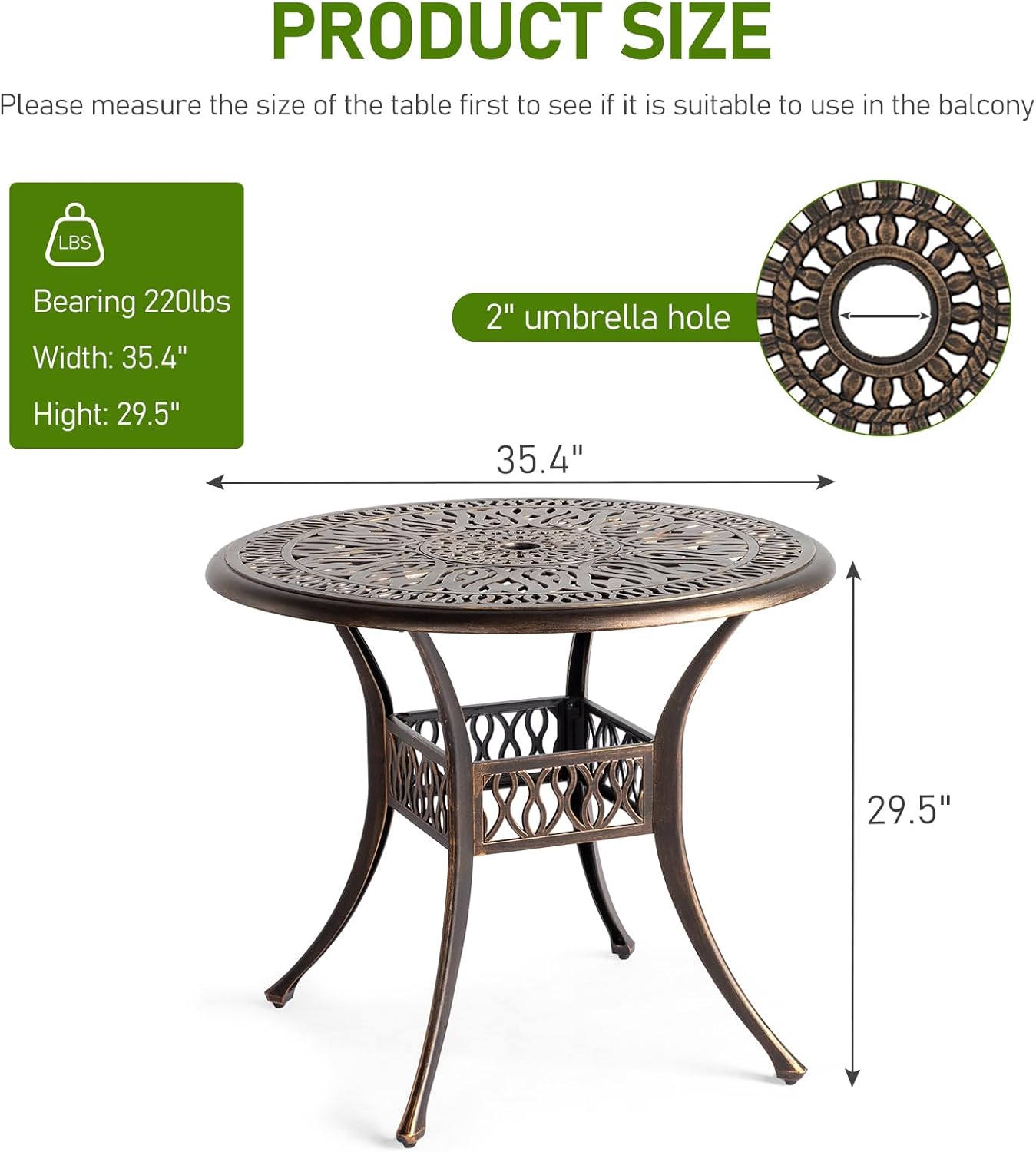Outvita Patio Side Table, 35.4in Outdoor Round Cast Aluminum Bistro Table with Umbrella Hole and Antique Design for Backyard Porch Pool Balcony Deck Bronze