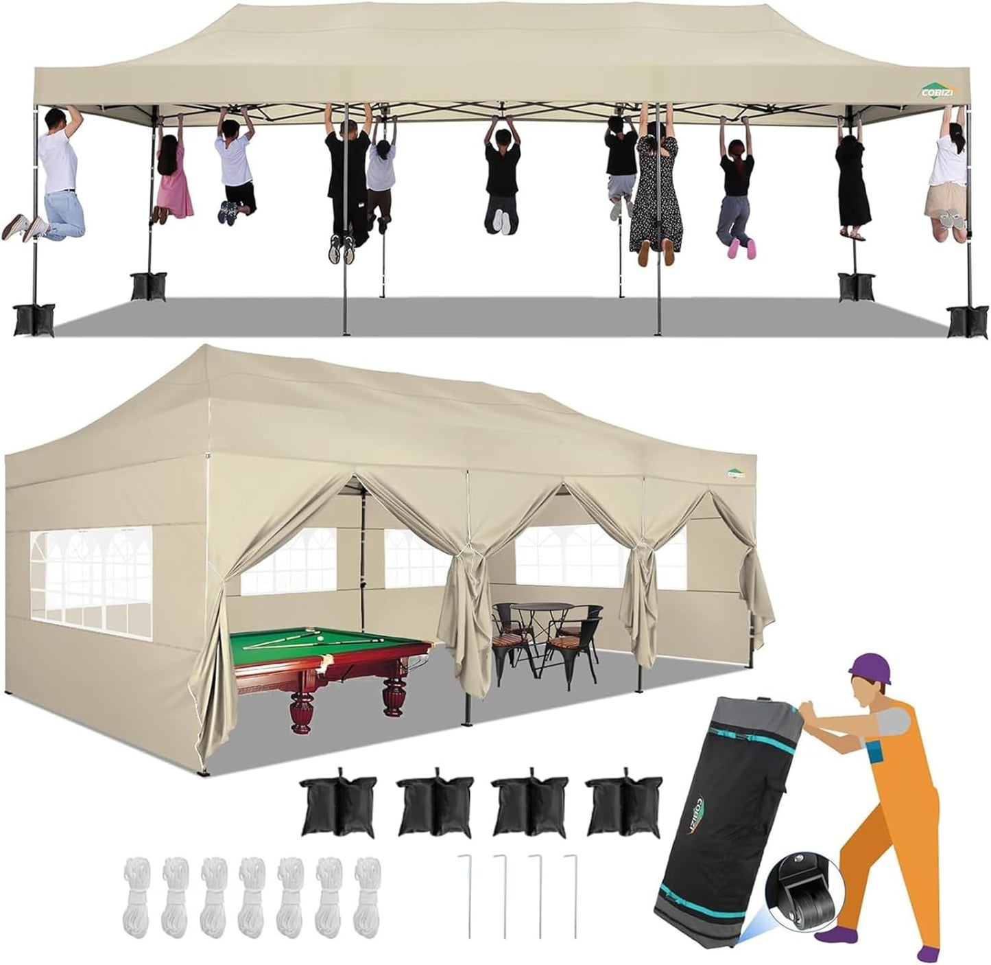 COBIZI 10x30 Heavy Duty Pop up Canopy with 8 sidewalls Stable Wedding Outdoor Tents for Parties Canopy Pop Up Party Tent UPF 50+ Waterproof Commercial Gazebo with Roller Bag, Khaki(Windproof Upgraded)
