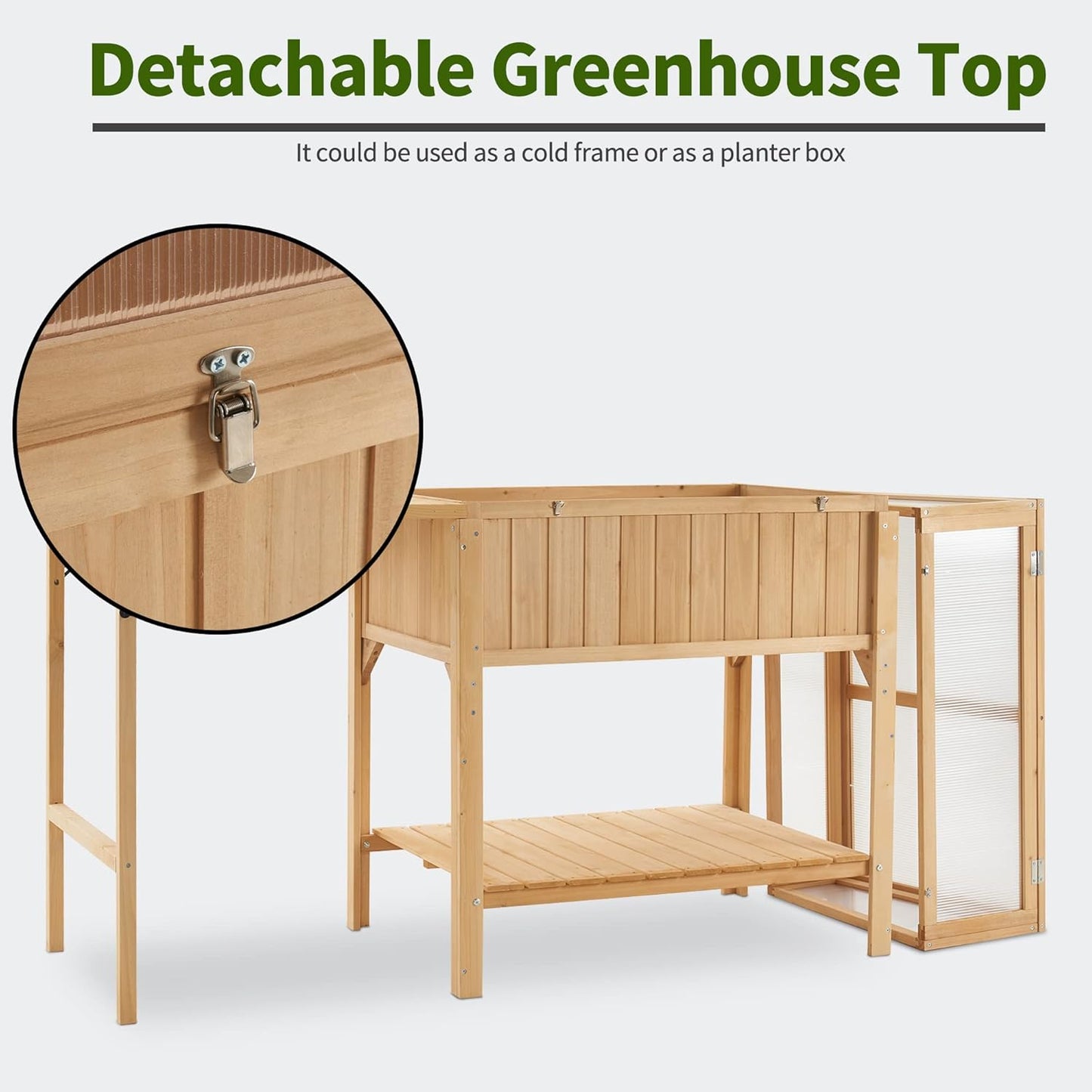 Macrout Cold Frame Greenhouse with Foldable Potting Table, Raised Garden Bed Planter Box with Legs and Wooden Greenhouse with Shelf for Vegetables, Herb and Flowers Use, 0399