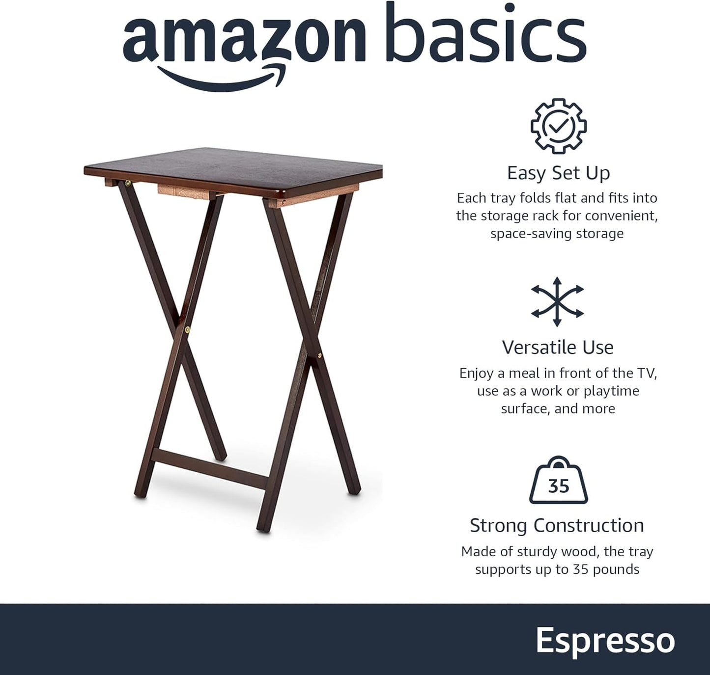 Amazon Basics Classic Foldable TV Dinner Tray Table with Storage Rack, 14.6 L x 19 W x 26 H inch, Espresso, 4-Pack