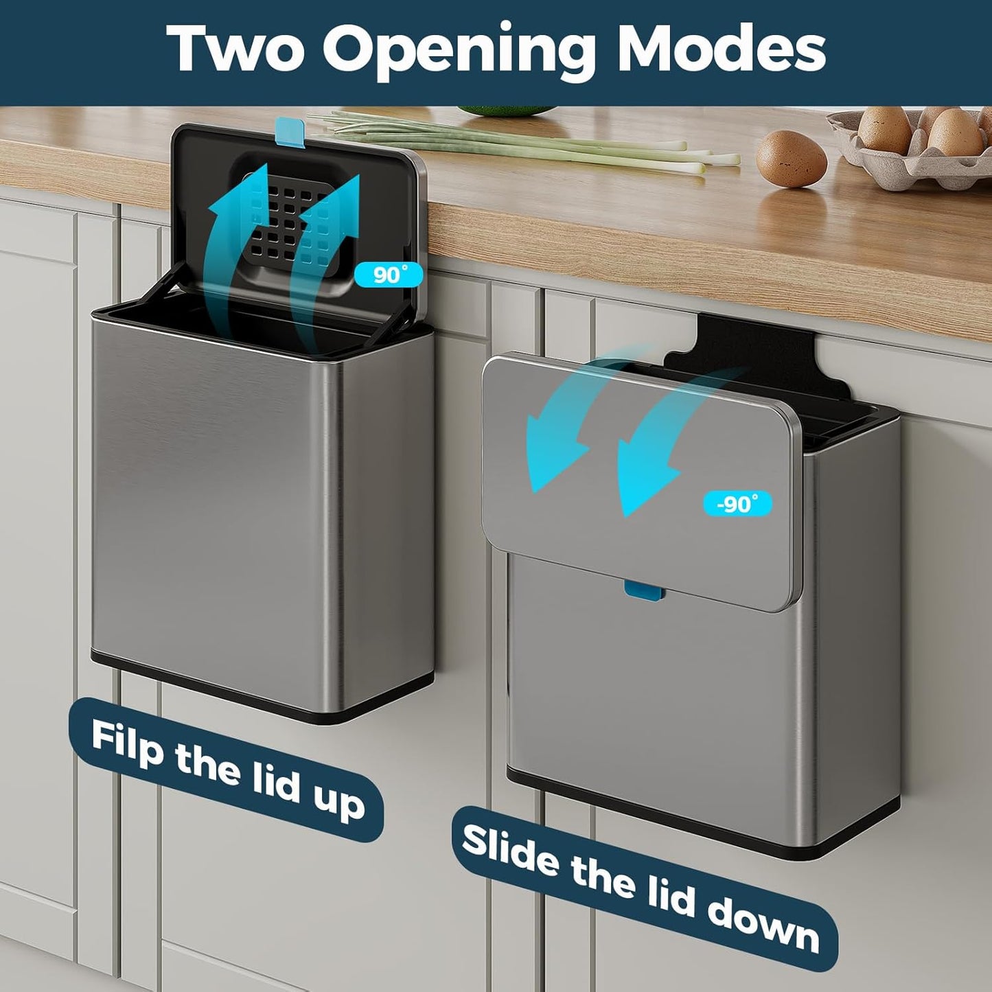 Stainless Steel Hanging Trash Can with Lid and Inner Bucket, 2 Gallon Kitchen Compost Bin for Counter Top, Under Sink or Wall Mount, Small Garbage Can for Cupboard/Bathroom/Bedroom/RV