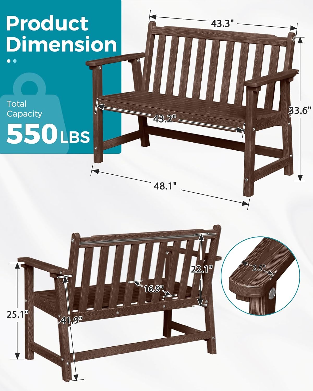 Outdoor Bench, 2-Person HDPE Garden Bench, All Weather Poly Patio Bench for Outdoors, Garden, Backyard, Porch and Park, 550 lbs Weight Capacity, Brown