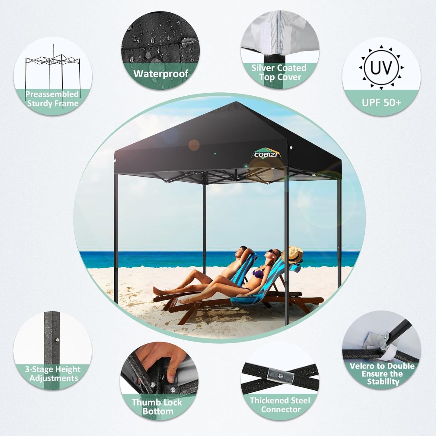 COBIZI 6.6x6.6ft Pop Up Canopy Tent, Heavy Duty Canopy Easy Set up All Weather Waterproof Outdoor Canopy Tent for Parties, Beach, Garden, Camping with 1 Handbag, 3 Adjustable Heights, UPF50+, Black