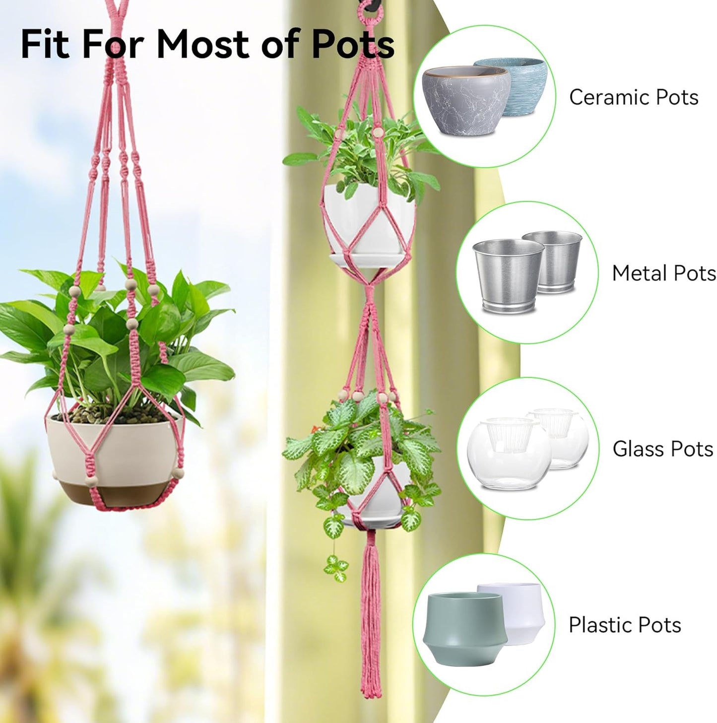 USLAI Macrame Plant Hanger Indoor Outdoor, Up to 4-15 inch Pot, Heavy 20lb Planters, Extra Long Strong Hanging Planter Basket Holder, Boho Home Decor, 35+49 Inch, Pink (POTS NOT Included)