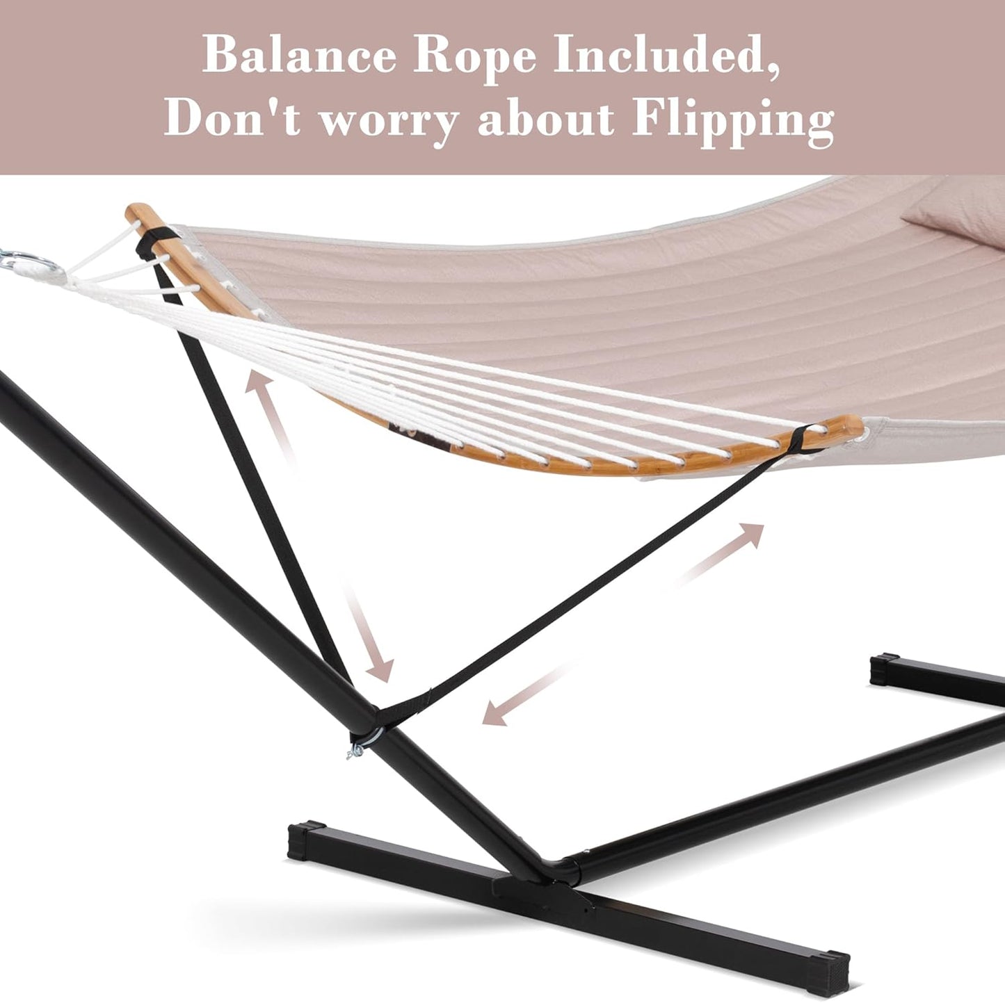 SUNCREAT 55 Inch Large Double Hammock with Stand, 450lbs Capacity, Outdoor Portable Hammock with Curved Spreader Bar, Extra Large Pillow, Tan