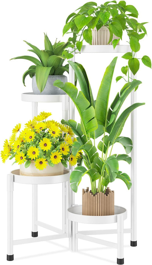 iDavosic.ly Plant Stand Indoor Outdoor, 4 Tier Corner Metal Flower Display Holder Shelf, Folding Tall Orchid Rack for Patio Balcony Porch Garden Living Room House, White