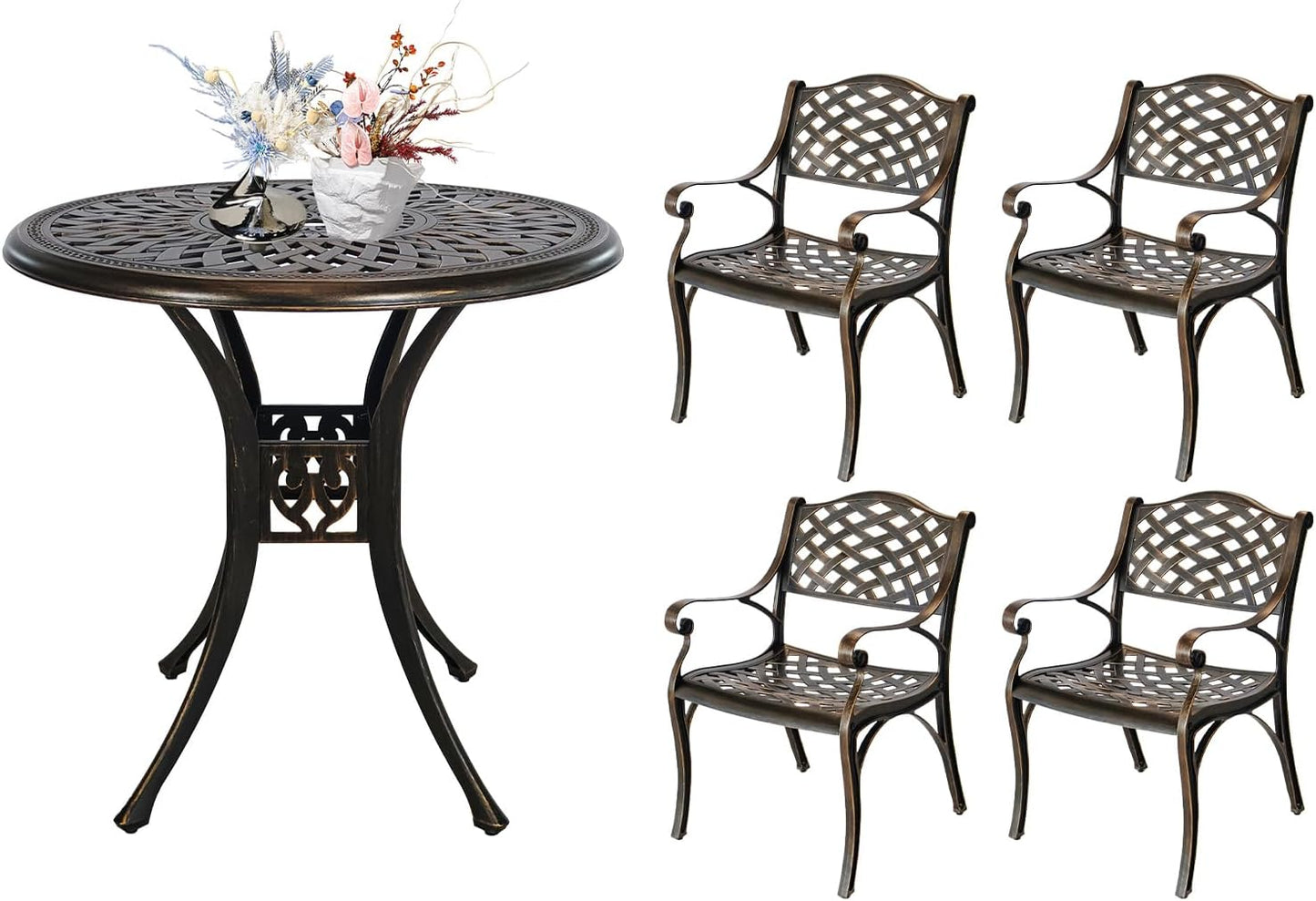 5 Piece Patio Dining Set, All Weather Cast Aluminum Outdoor Dining Table and Chairs Set of 4, Patio Furniture Conversation Set with 4 Chairs and 30.31" Round Table, 2.36" Umbrella Hole