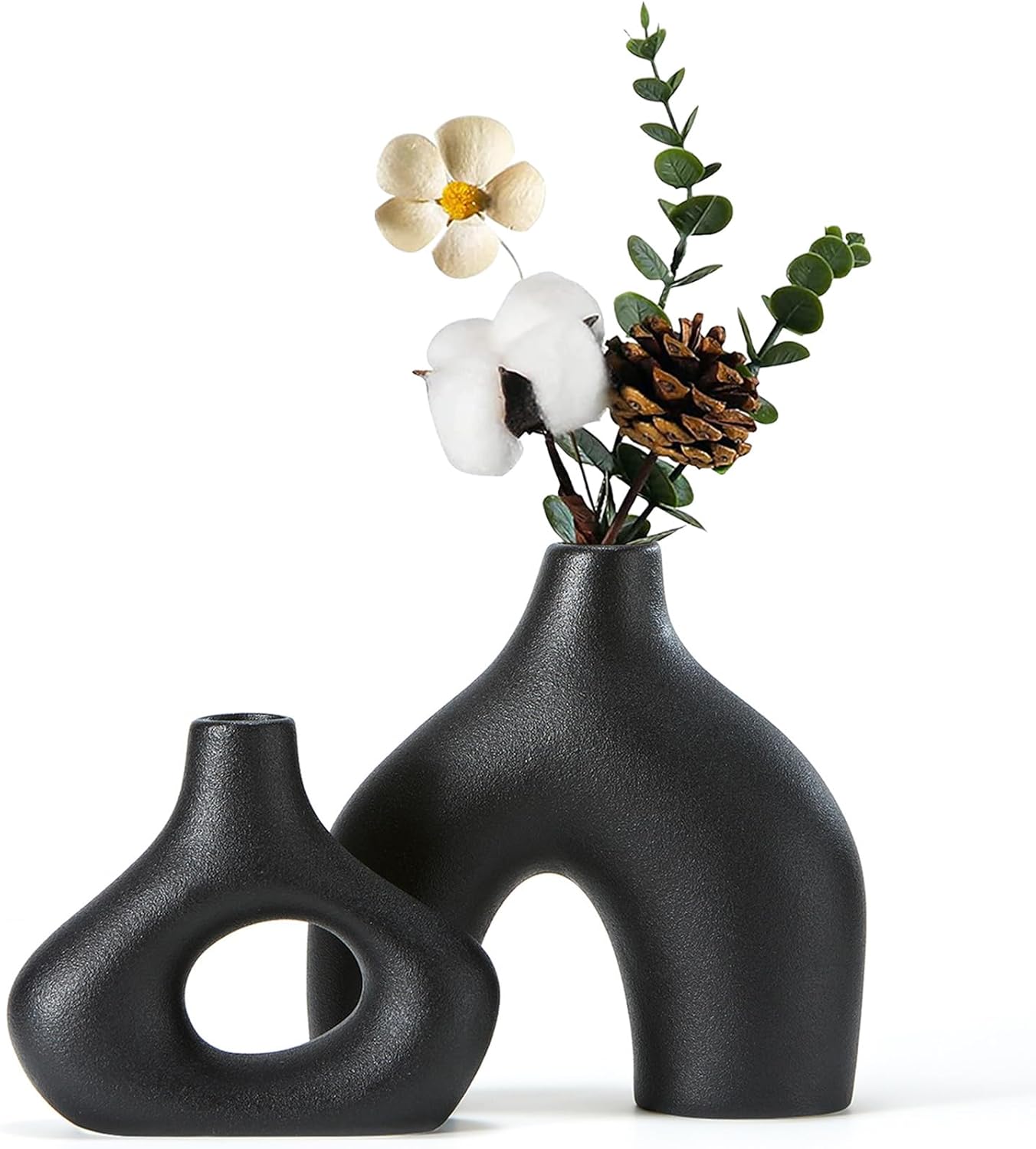 CEMABT Black Ceramic Vase Set of 2 for Modern Minimalist Bohemian Decor，Round Matte Donut Vases for Pampas Grass-Perfect for Living Room, Dining Table, Office Bedroom Shelf Decor Entryway, Console