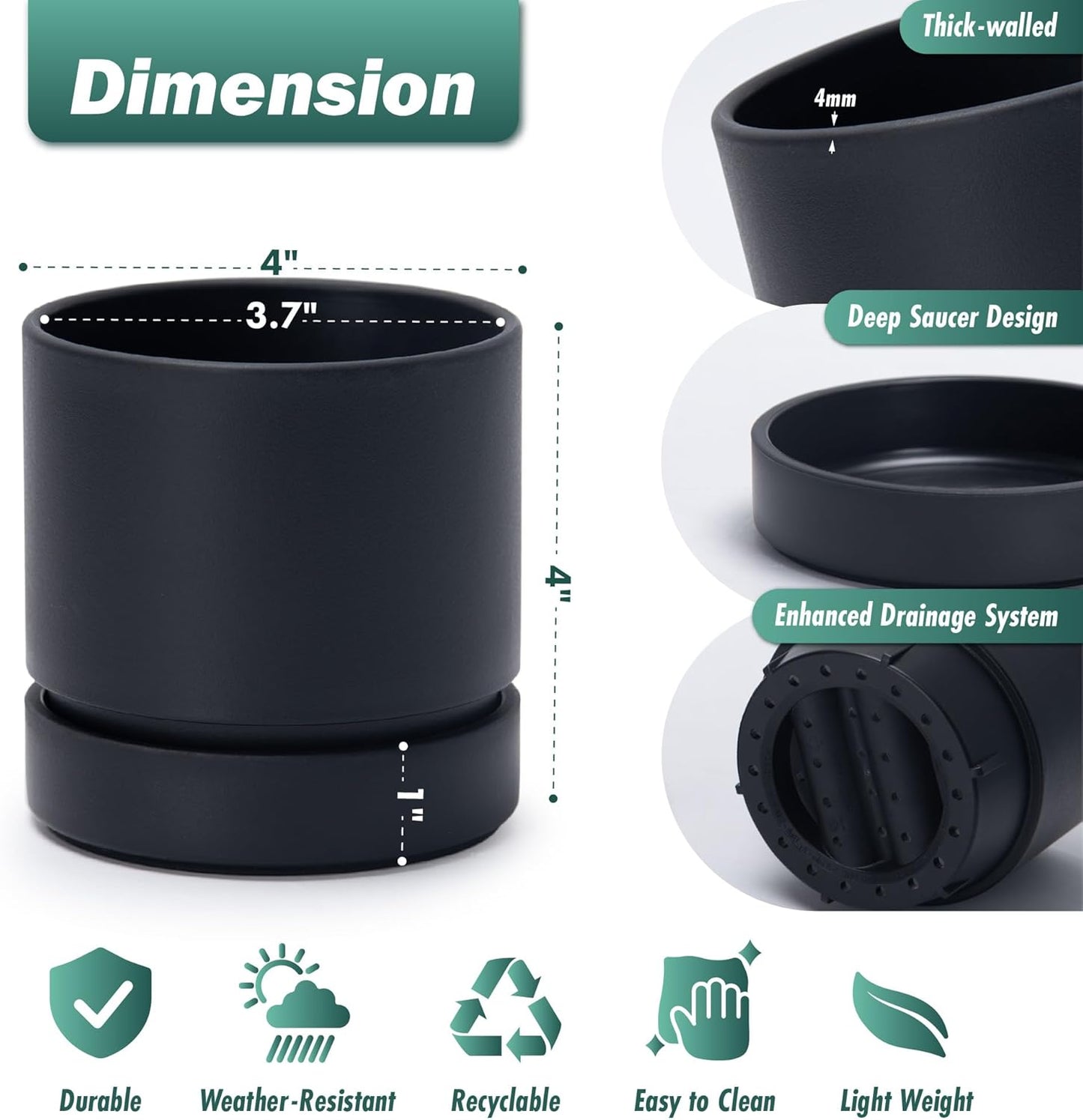 Phoenix Vine 4 Inch Planter Pot with Drainage Hole & Saucer, Deep Water Catch Tray, Straight Cylindrical Round Pot for Plants, Matte Black, Pack of 1, 23-C-R-1