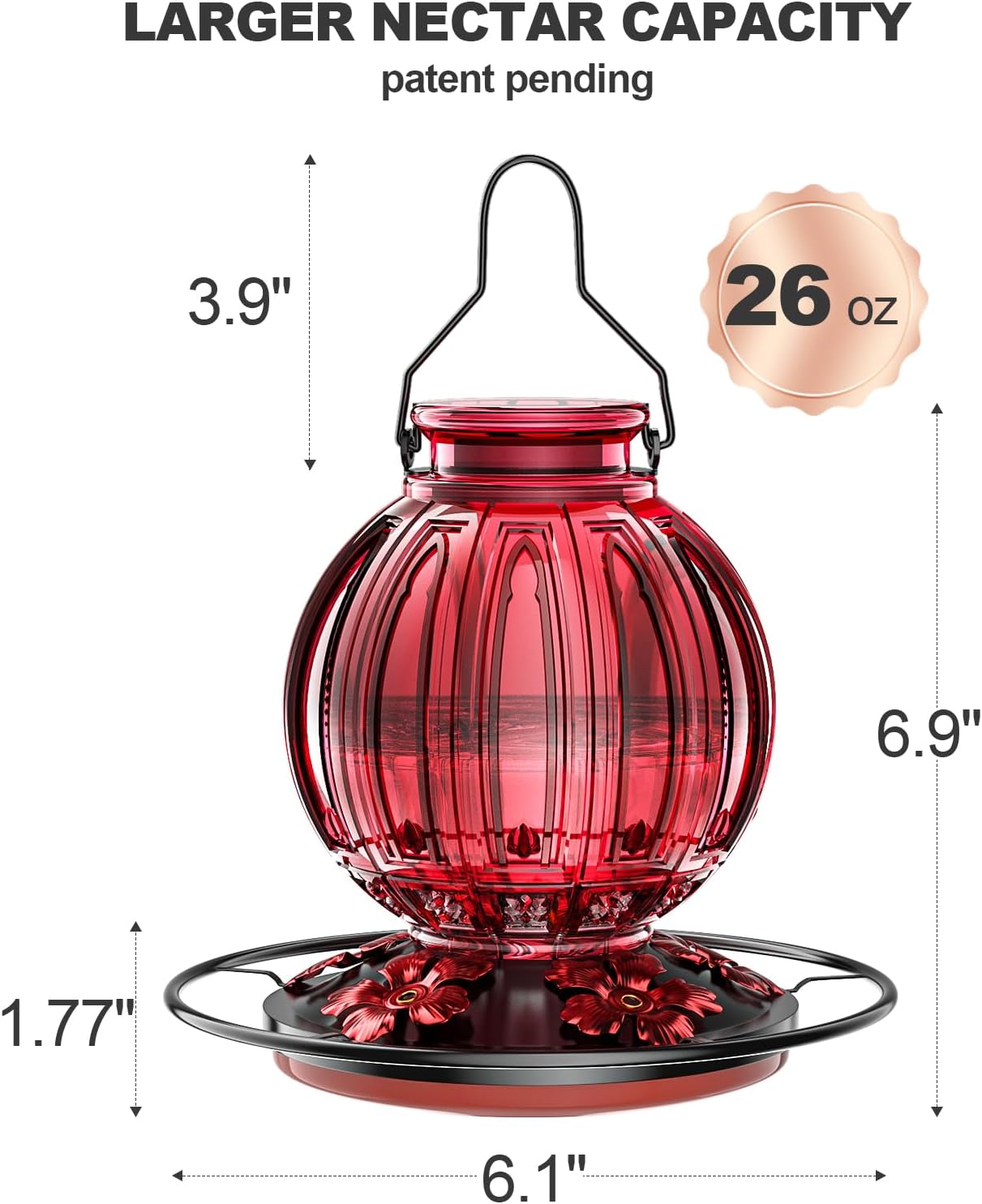 2 Pack Glass Hummingbird Feeder for Outdoors Hanging, Bird Nectar Feeder with Perch & 5 Flower Feeding Ports, 26 Oz Leak Proof for Outside Garden Decor Backyard, Gifts for Women Mom, Red & Pink
