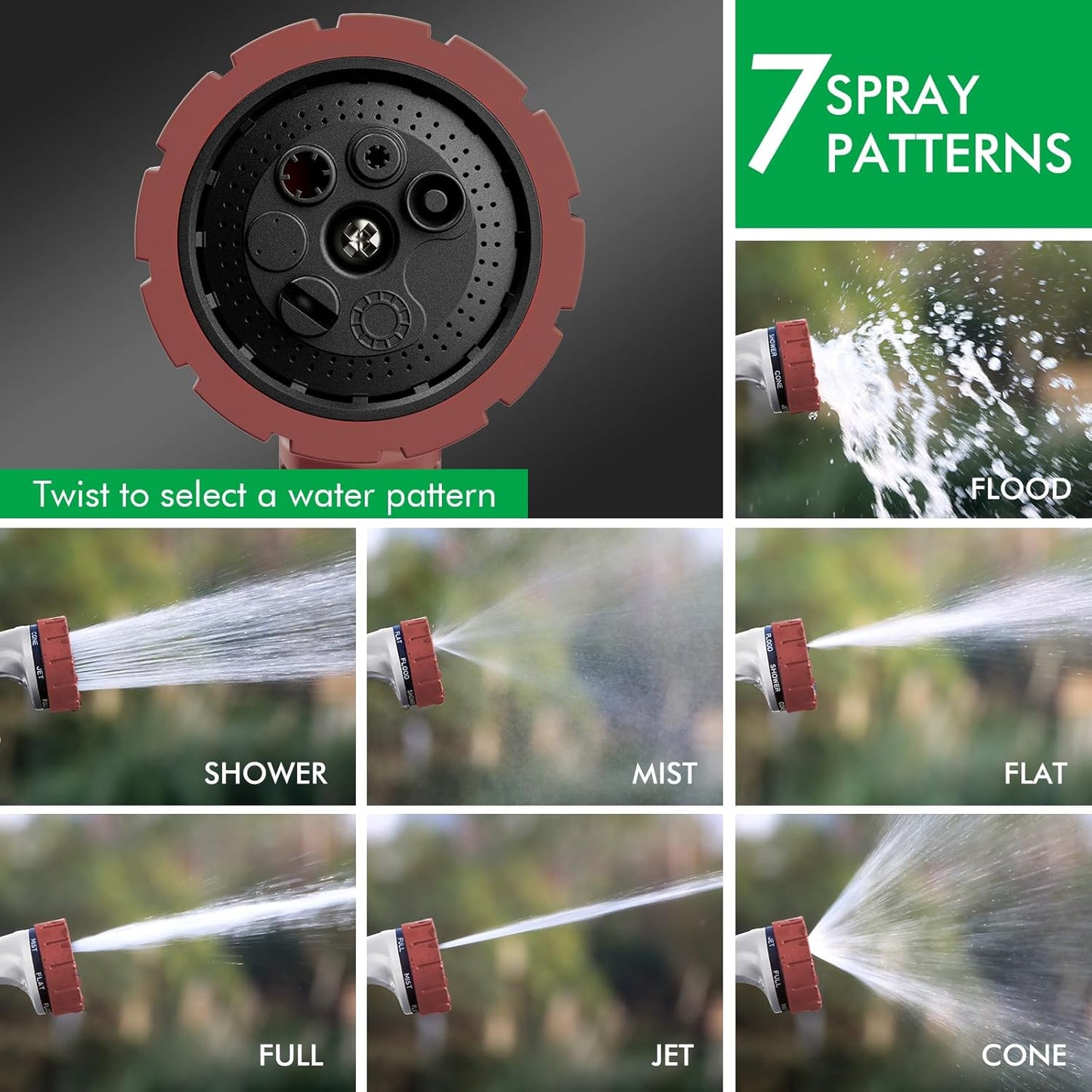 RESTMO Heavy Duty Hose Nozzle, Metal Garden Water Hose Sprayer with 7 Watering Patterns, Thumb Control, On Off Valve, High Pressure Nozzle Sprayer for Watering Plants, Car and Pet Washing, Red