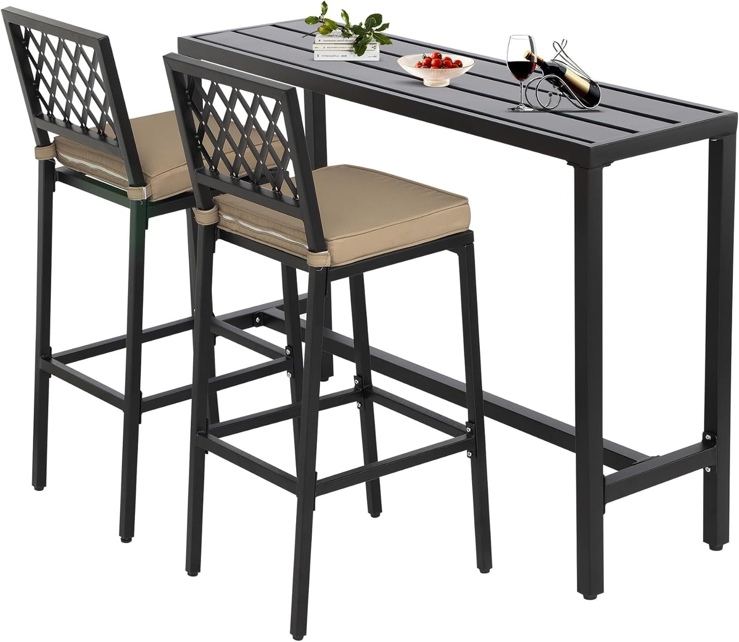 Outdoor Patio Bar Set, Bar Height Patio Dining Set, Weather-Resistant Bistro Counter Pub Set with Cushions & Slatted Tabletop for Backyard