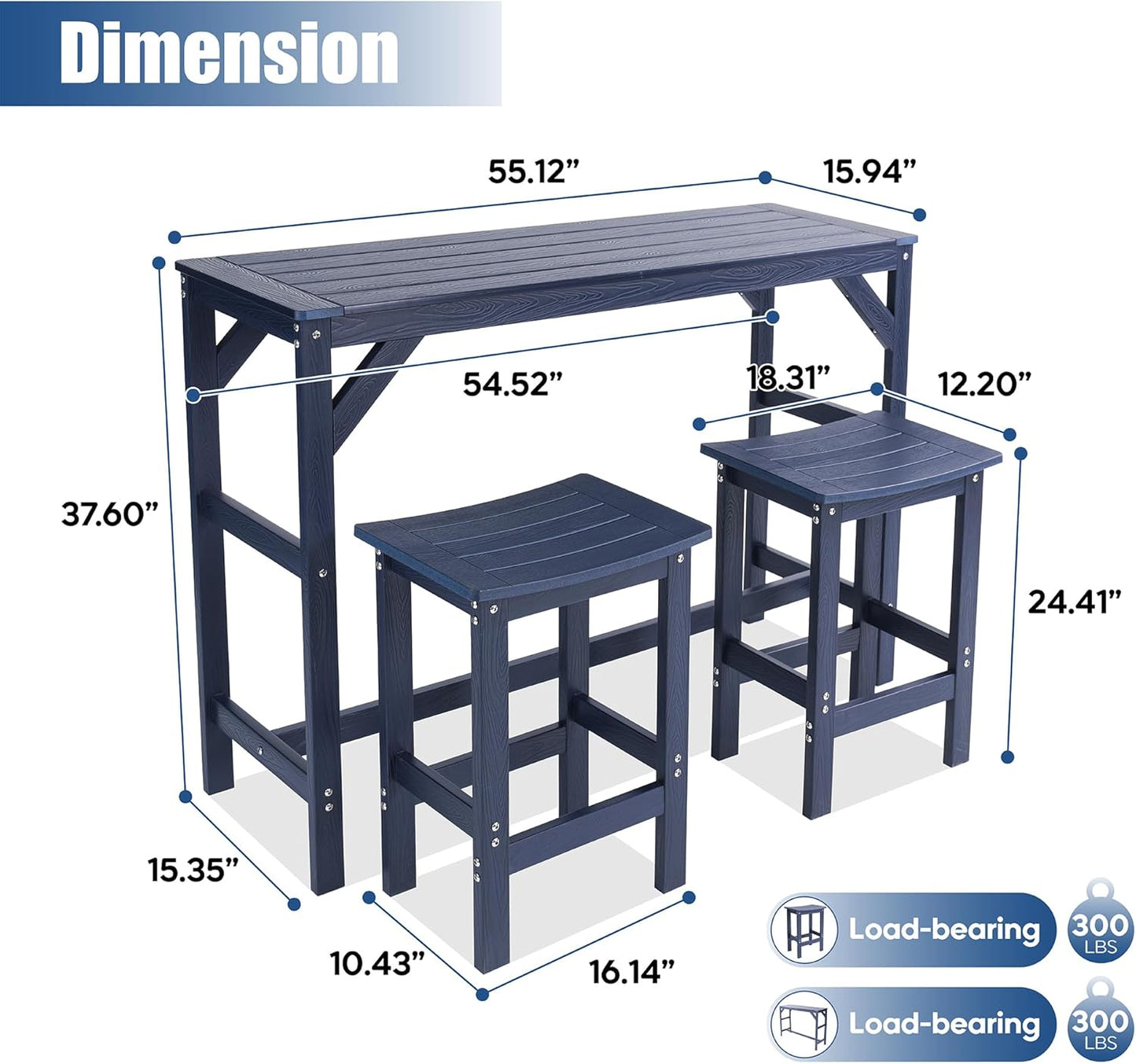 3Pcs HIPS Outdoor Patio Bar Set, All Weather HIPS Bar Table and Chairs Set for Outside, 55" Rectangular High Top Bar Table with 2 Bar Stools for Poolside, Patio, Balcony, Deck, Blue