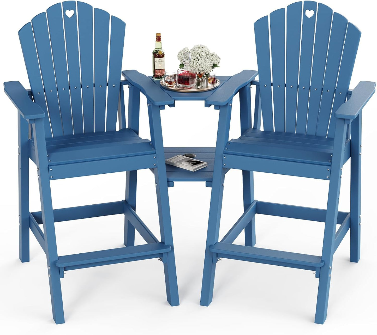 Tall Adirondack Chairs Set of 2 with 2-Layer Connecting Table, HDPE Bar Height Outdoor Table and Chairs with Umbrella Hole, All Weather Outdoor Bar Stools for Patio, Deck, Yard (Navy Blue)