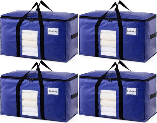 TAILI 4 Pack Dark Blue Extra Large Moving Bags, Heavy Duty Totes with Visible Window, Wrap Around Handles, Great for Storage