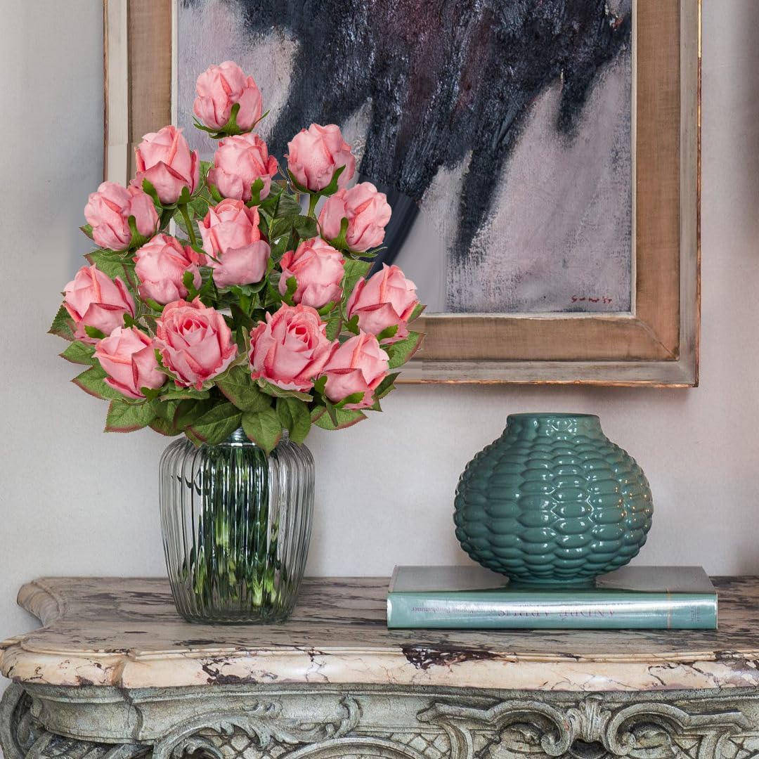 Artificial Realistic Roses Pale Red Flowers 24" Real Touch Silk Roses Bouquet Long Stems Rose for Flower Arrangement Fake Roses Decor for Home Party Wedding Table Centerpieces Roses Realistic - 5 Pcs