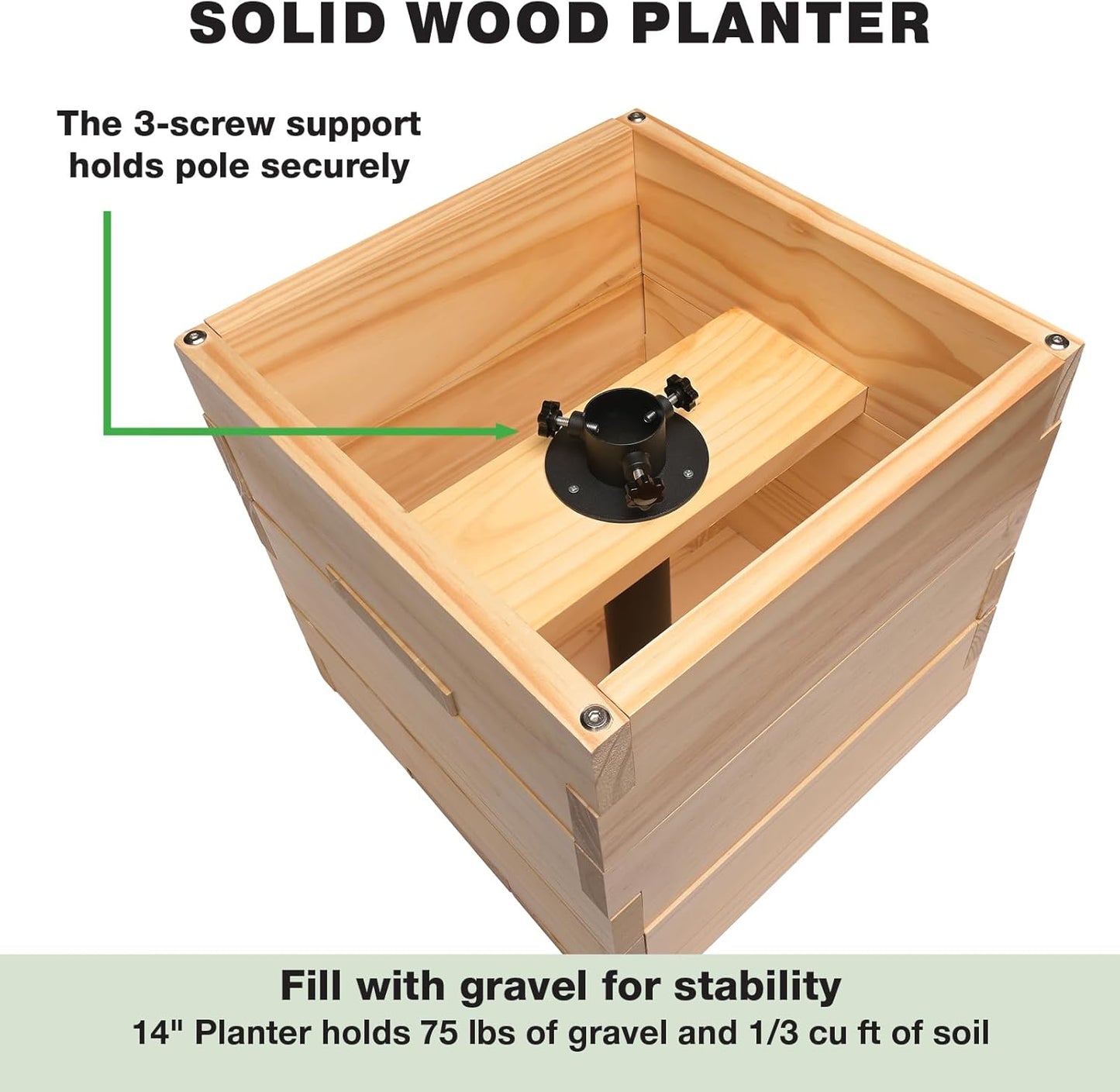 Excello Global Products Wooden Planter Box Set with 10' String Light Pole - 14"x14", Ready to Assemble.