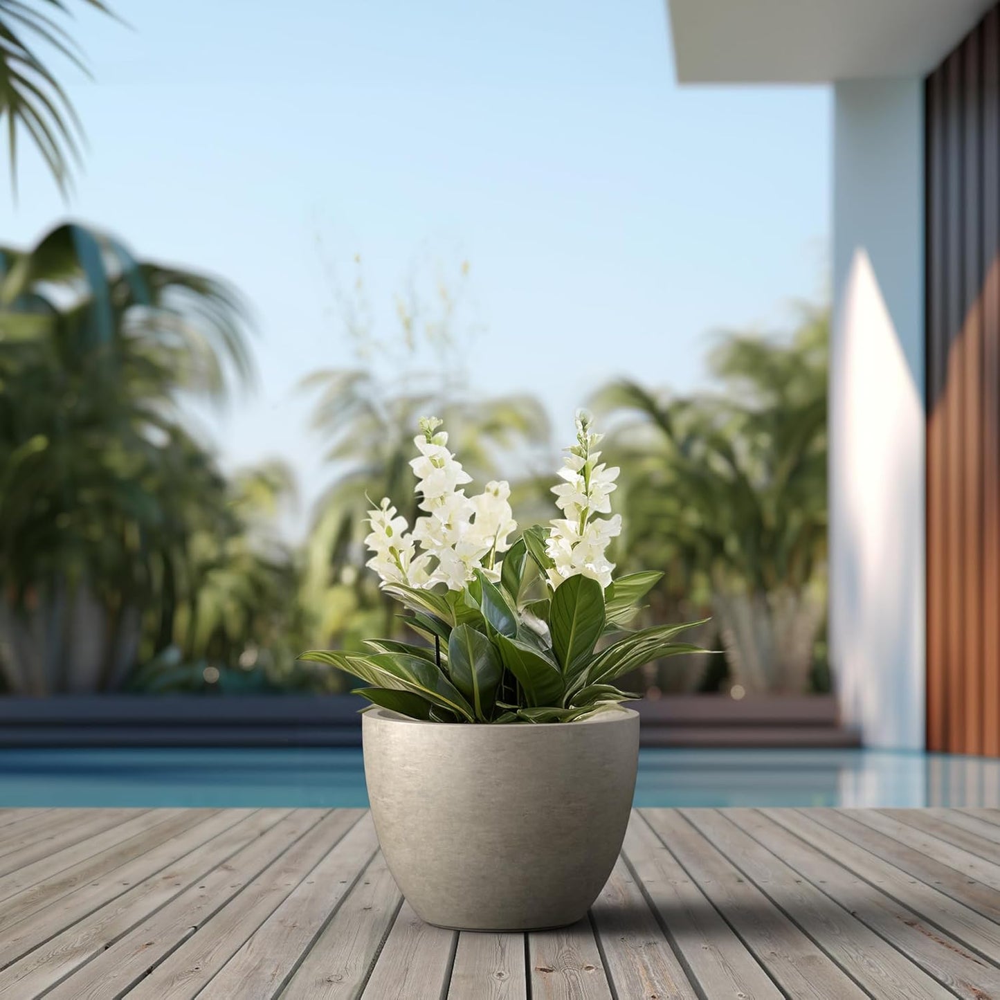 Kante 14.2 Inch Round Concrete Planter - Classic Large Plant Pot with Drainage Hole and Rubber Plug, Suitable for Gardens and Patios, Weathered Concrete Finish with Forest Green Interior