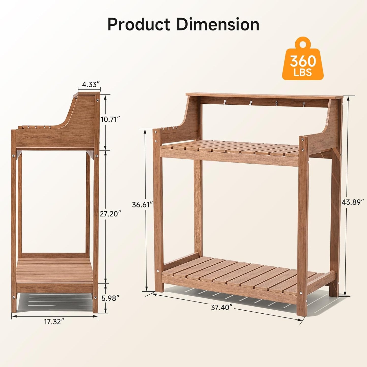 HDPS Potting Bench, All Weather Potting Table with 8 Hooks and Highten Tabletop, Easy Assembly Garden Work Bench, Outdoor Potting Benches for Outside Patio Lawn, 360LBS Capacity, Teak