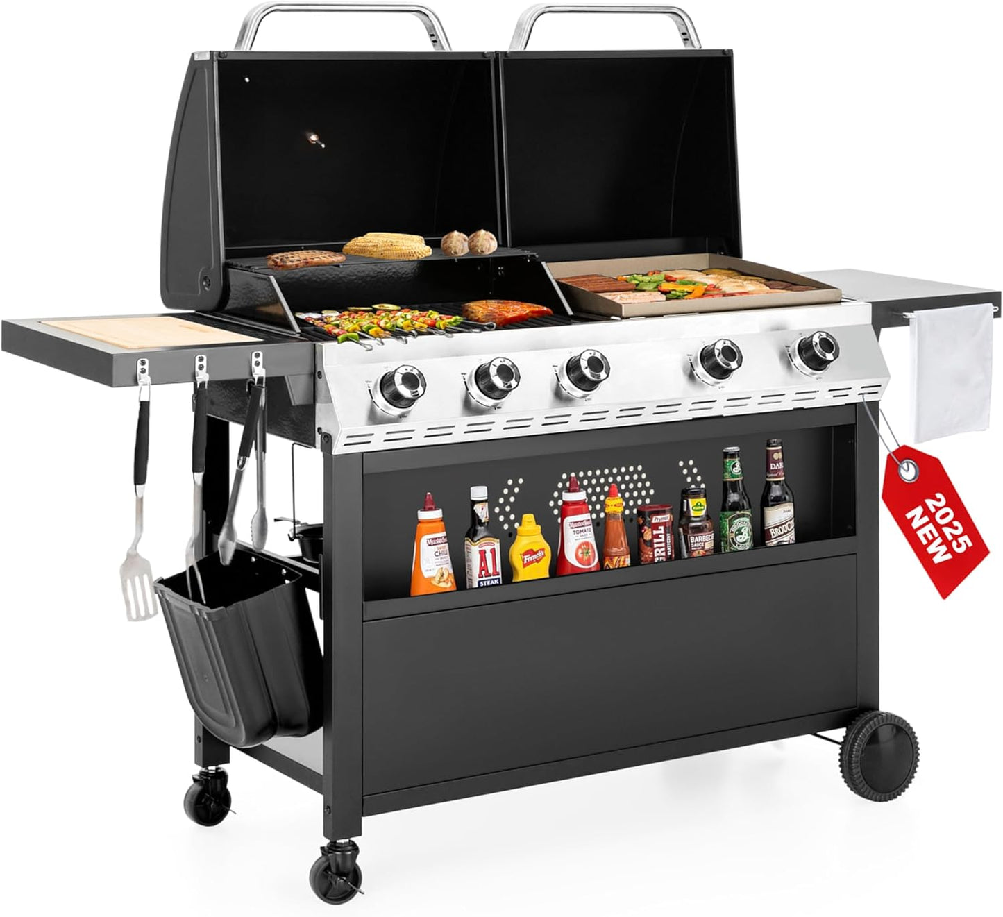 5 Burner Griddle Grill Combo, 2 in 1 Propane Gas BBQ Grill with Porcelain-Enameled Cast Iron Grates & Pan, Outdoor Flat Top Griddle, 695 Sq. In. Propane Barbecue Grill for Patio Backyard Balcony