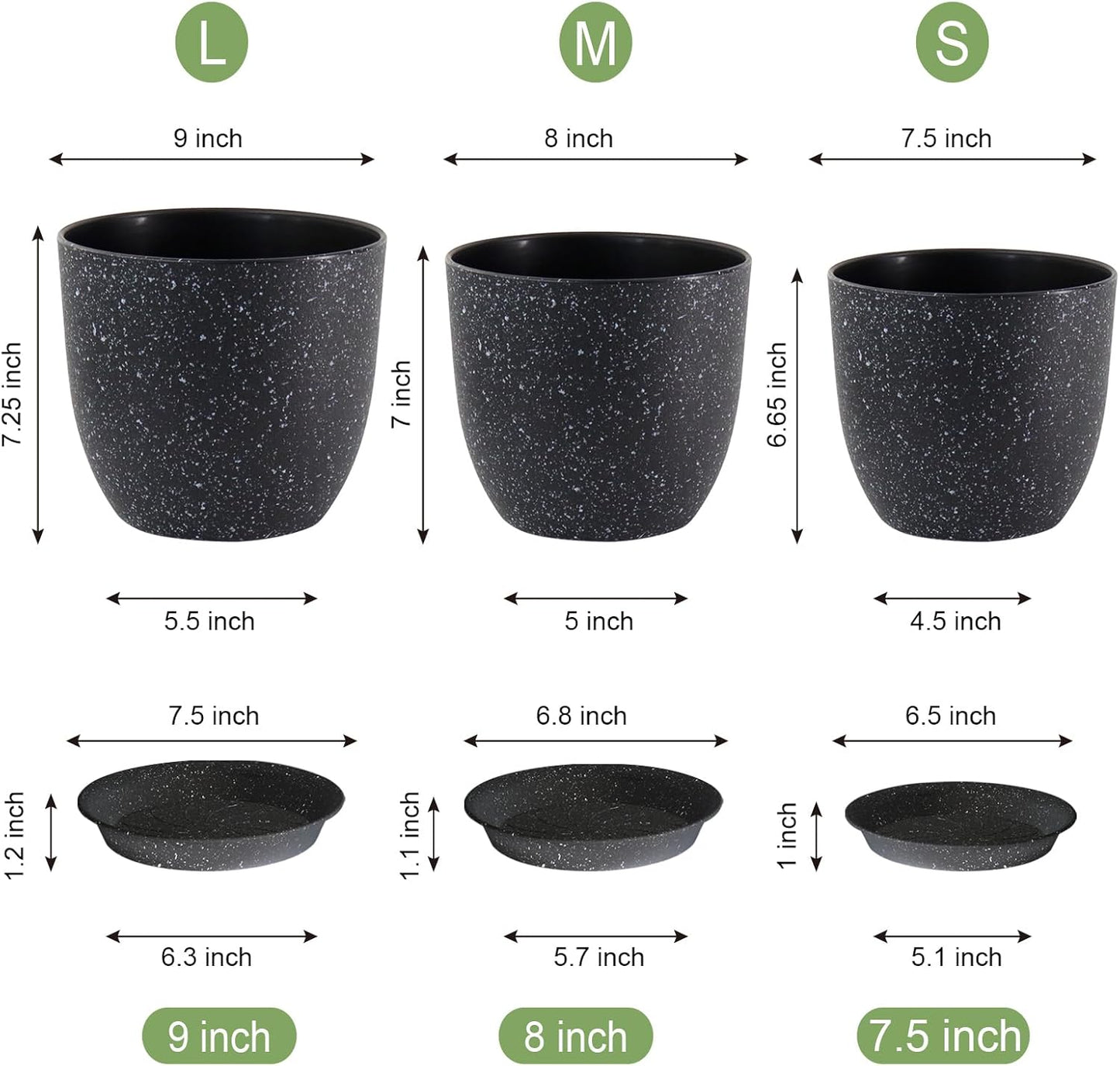 9/8/7.5 inch Plant Pots, Set of 3 Modern Decorative Plastic Planters with Drainage Holes and Saucer for Garden House Plants, Flower Pots for Indoor Outdoor Plants, Speckled Black