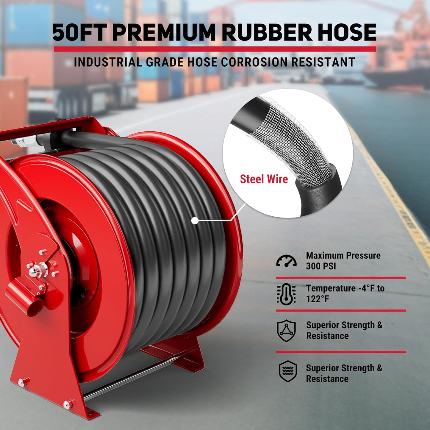 Fuel Hose Reel, Retractable 1" x 50' Extra Long Diesel Hose, 300 PSI Industrial Carbon Steel Diesel Hose Reel Auto Swivel Rewind with Fueling Nozzle for Vehicle Tank Truck Trailer Ship