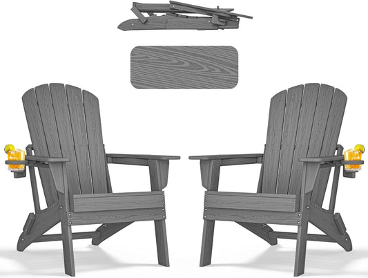 Folding Adirondack Chair - Extended Ergonomic Backrest, Cup Holder - Easy Assembly - Durable HDPE Plastic, Weather Resistant & Maintenance-Free - Lawn, Patio, Deck Supports 380lbs Grey